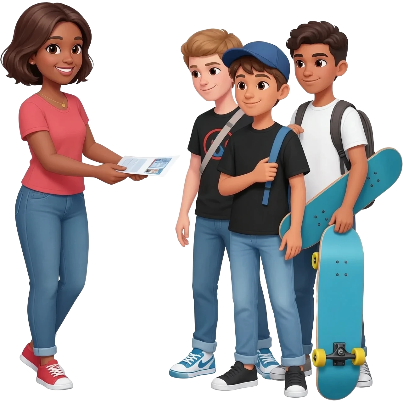 mujer de 45 años entregando folletos y hablando con grupo de adolescente vestido con jean y remera negra o blanca. alguno puede tener gorra, otro cartera, otro patineta emoji