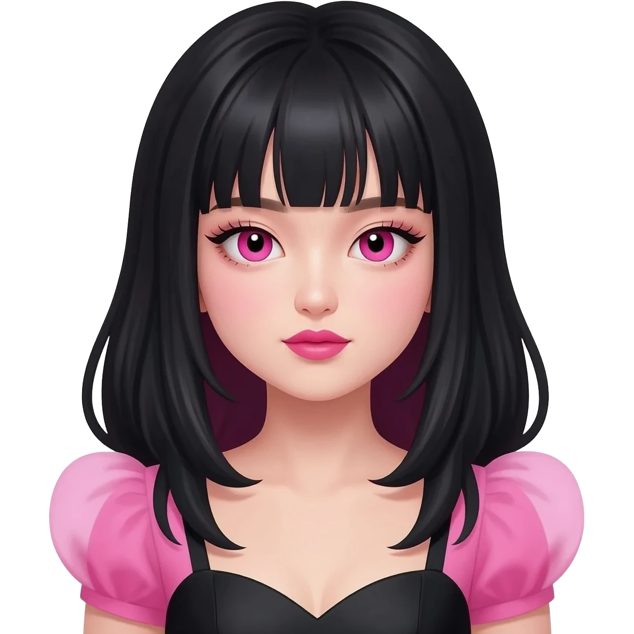 Girl with black and pink long Korean hair with pink tints on her bangs and hair tall lashes that are pink and black and have pink light tints to them and the clothes are a pink and black dress and pink and black lime lips and eyes black and pink heterochromia and British eyebrows emoji