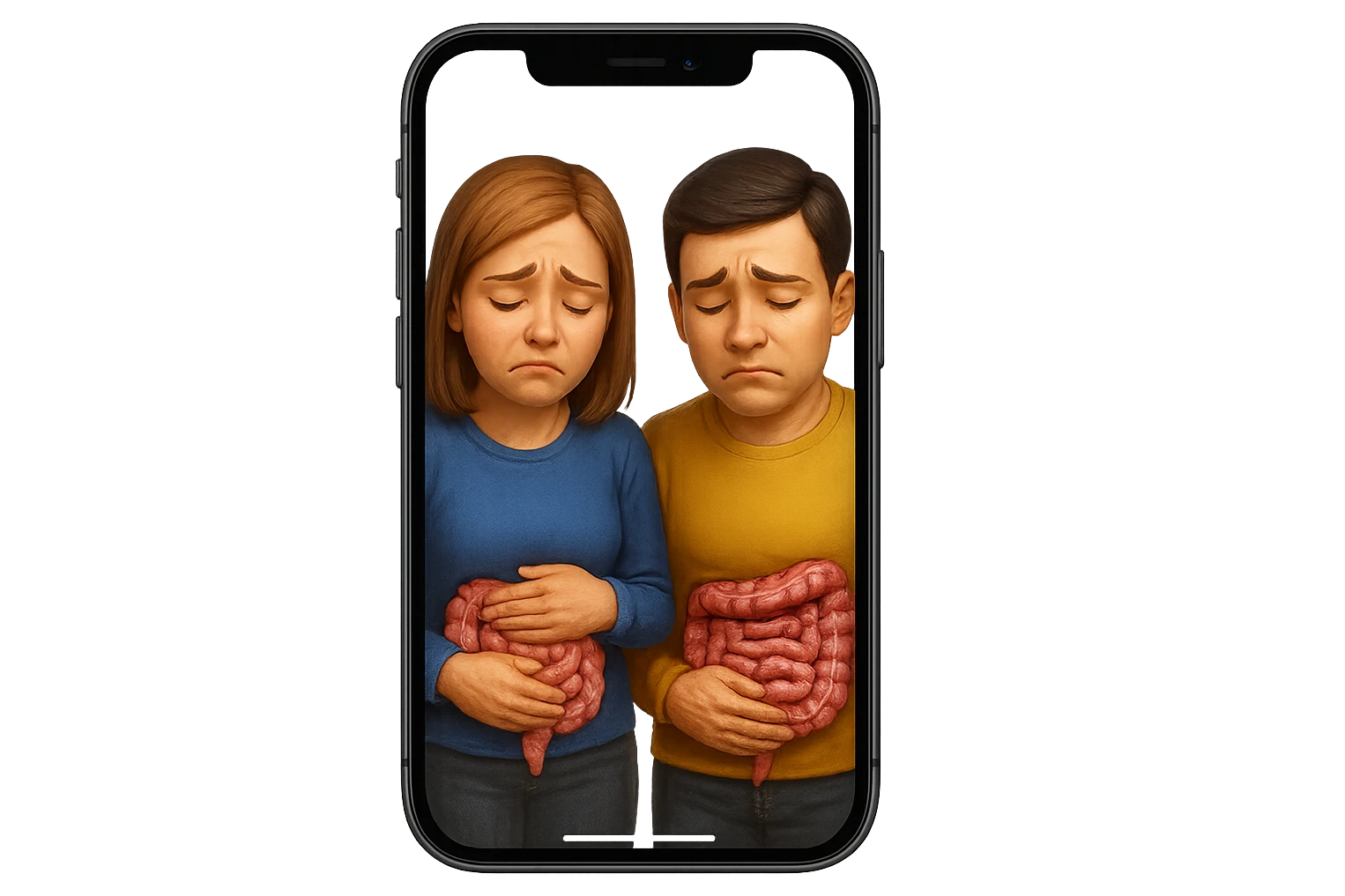 emoji stile iphone di un uomo e una donna con espressione triste ed intestino realistico, mal di pancia,ù iperrealistico 4k emoji