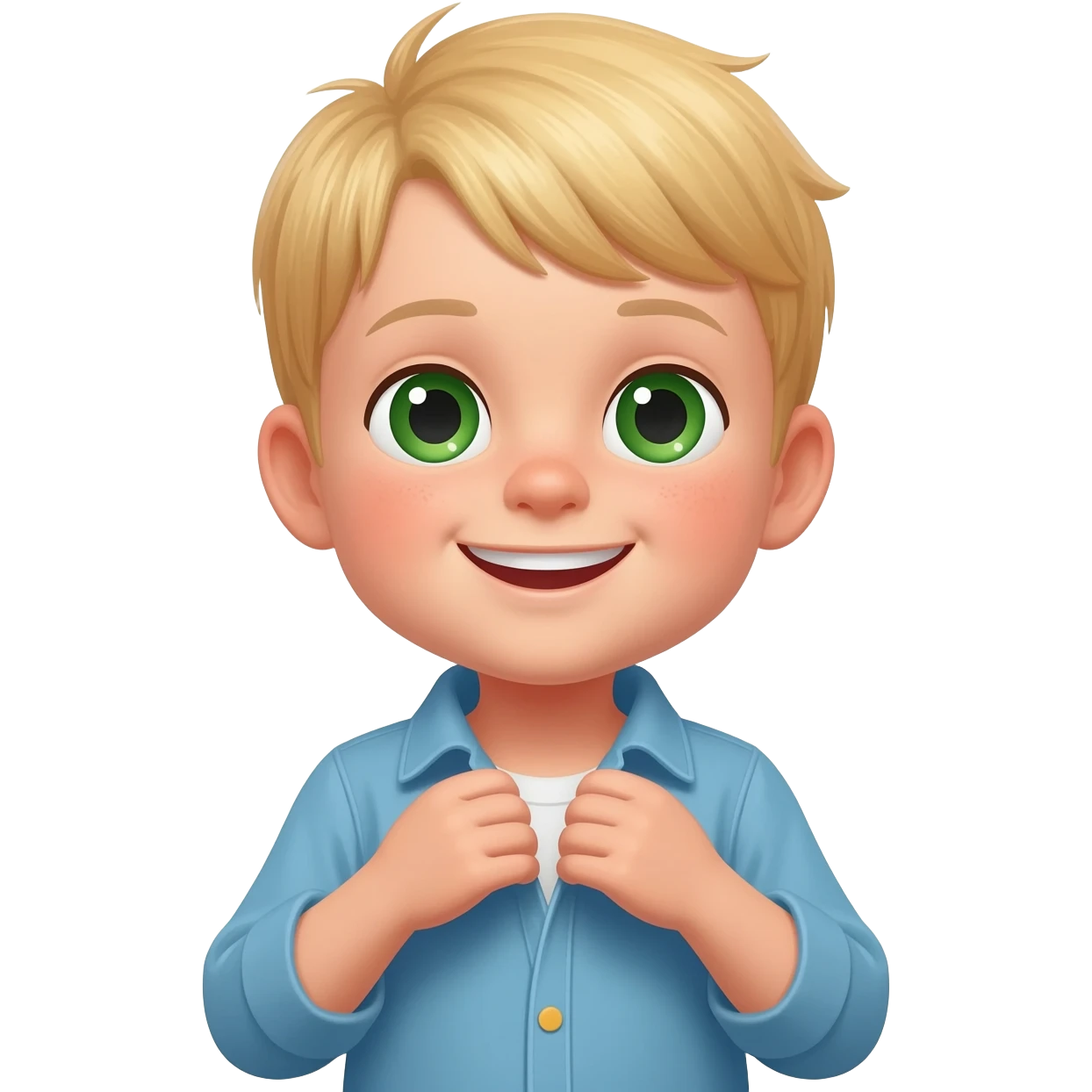 3 year old blonde boy with green-blueish eyes happy getting dressed emoji