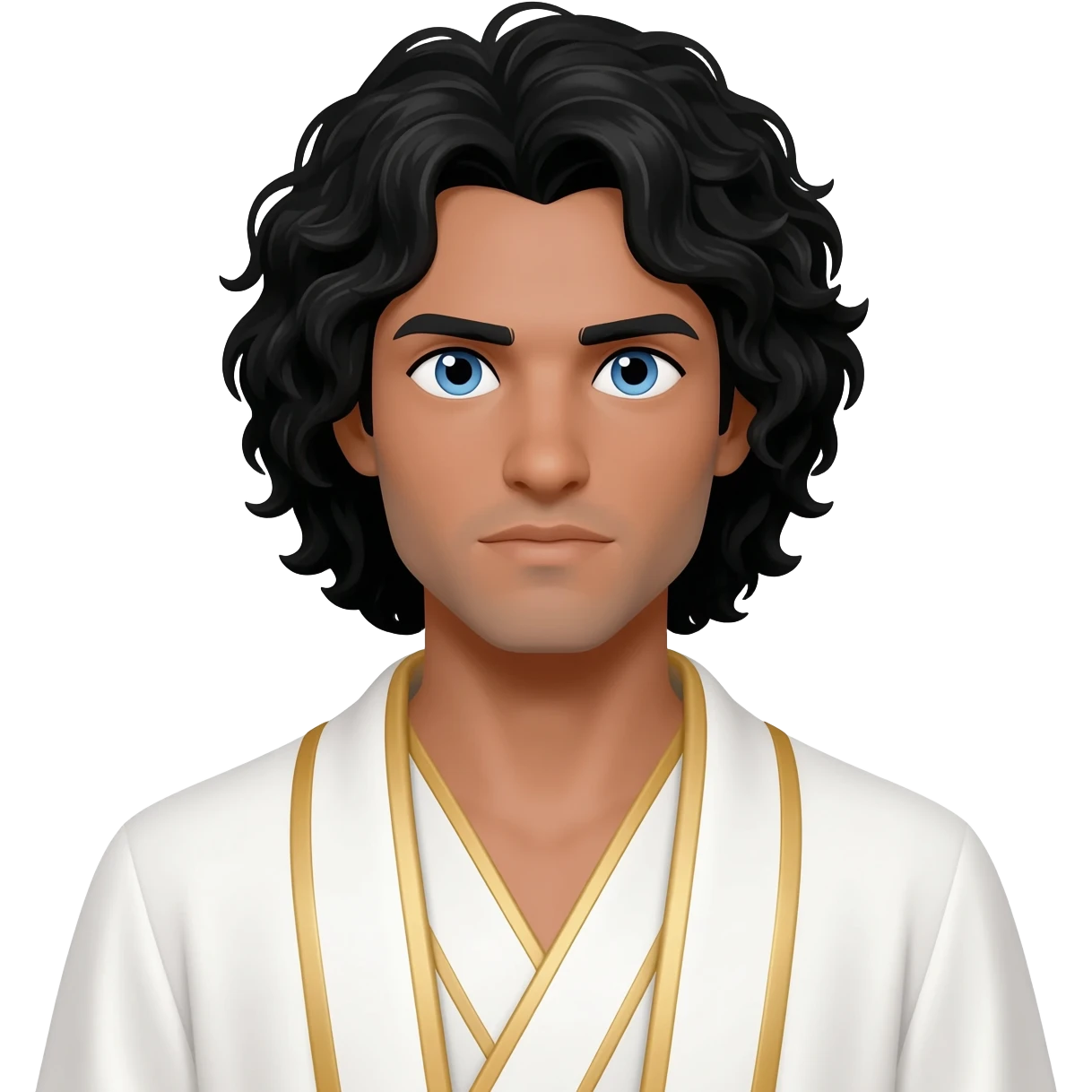 Male light brown skin blue eyes and long black curly hair and white and gold lines Jesus Christ emoji