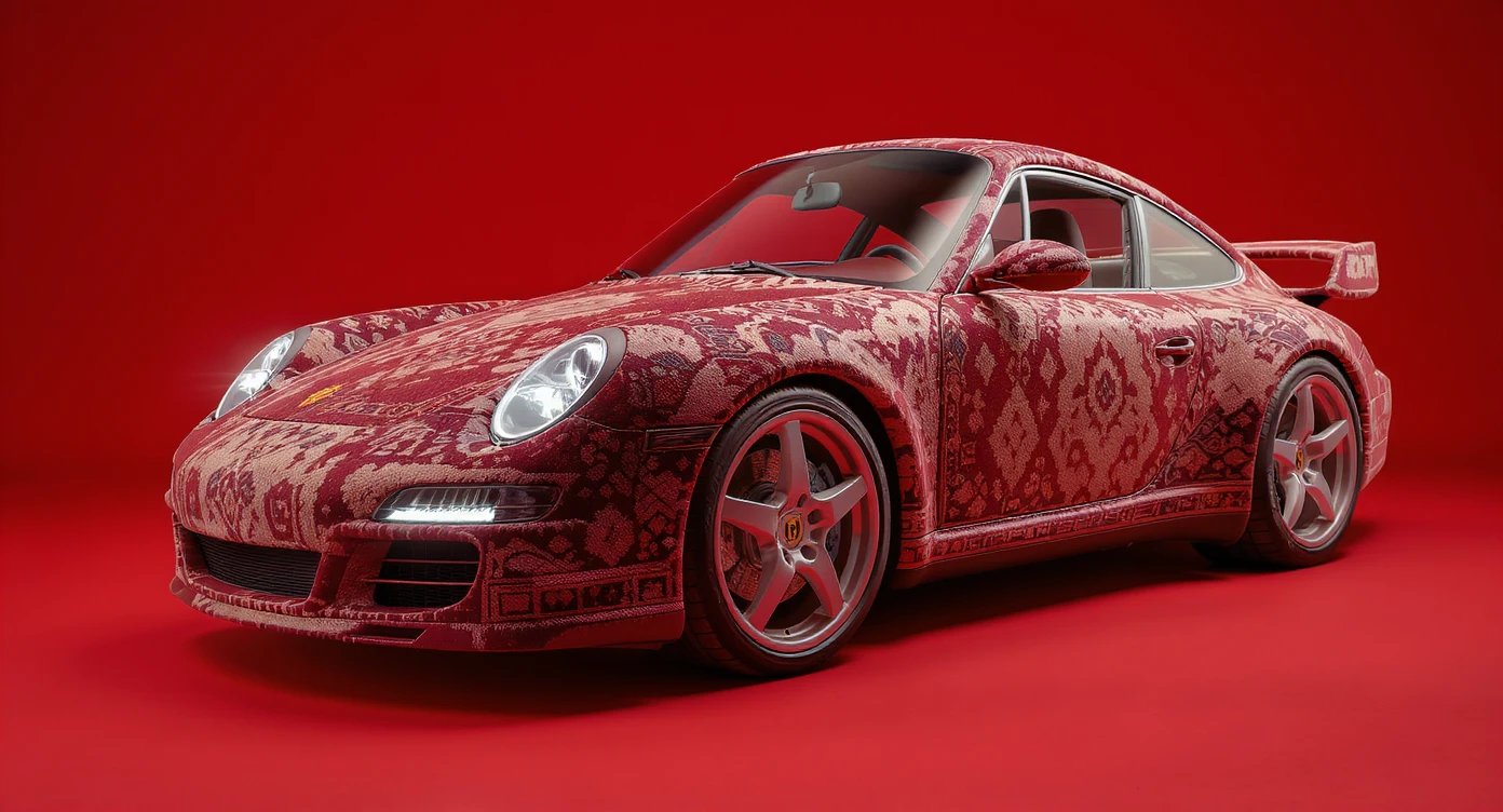 Closeup shot of a porsche 911, body of car made of russian carpet with patterns, red solid studio background, low keu light, top soft light, dutch angle,  captured by ARRI 65 emoji