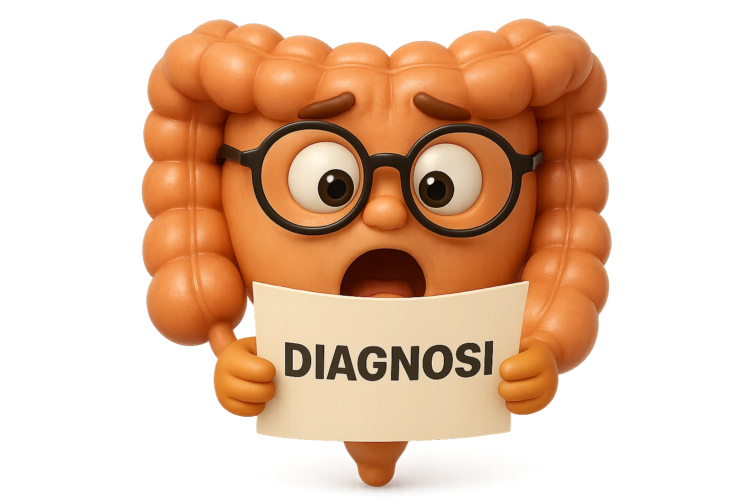 EMOJI STILE IPHONE DI UN INTESTINO CON GLI OCCHIALI CHE LEGGE UN FOGLIO CON LA SCRITTA DIAGNOSI, ESPRESSIONE STUPITA IN VOLTO, IPERREALISTICO 4K emoji