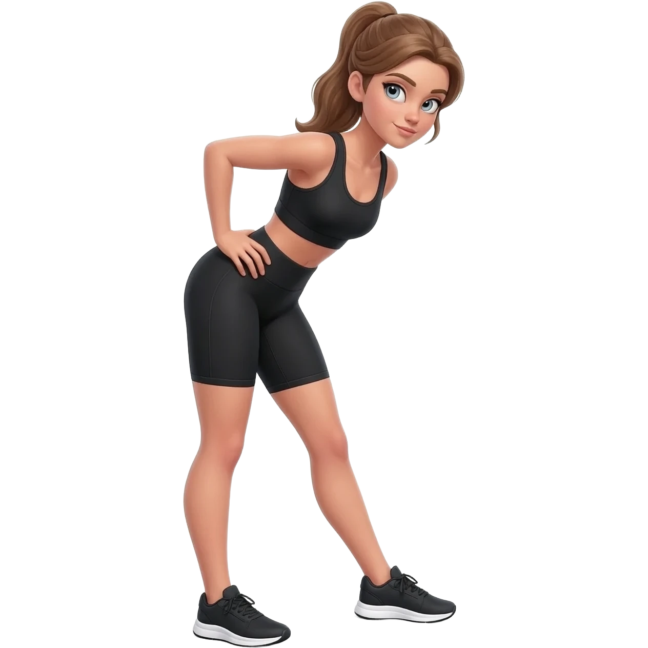 hands on lower back, back relief pose, fair-skinned woman, gray-blue eyes, ash brown brows, ash light brown hair tied back, slim athletic body, black workout set, black sneakers with white soles emoji