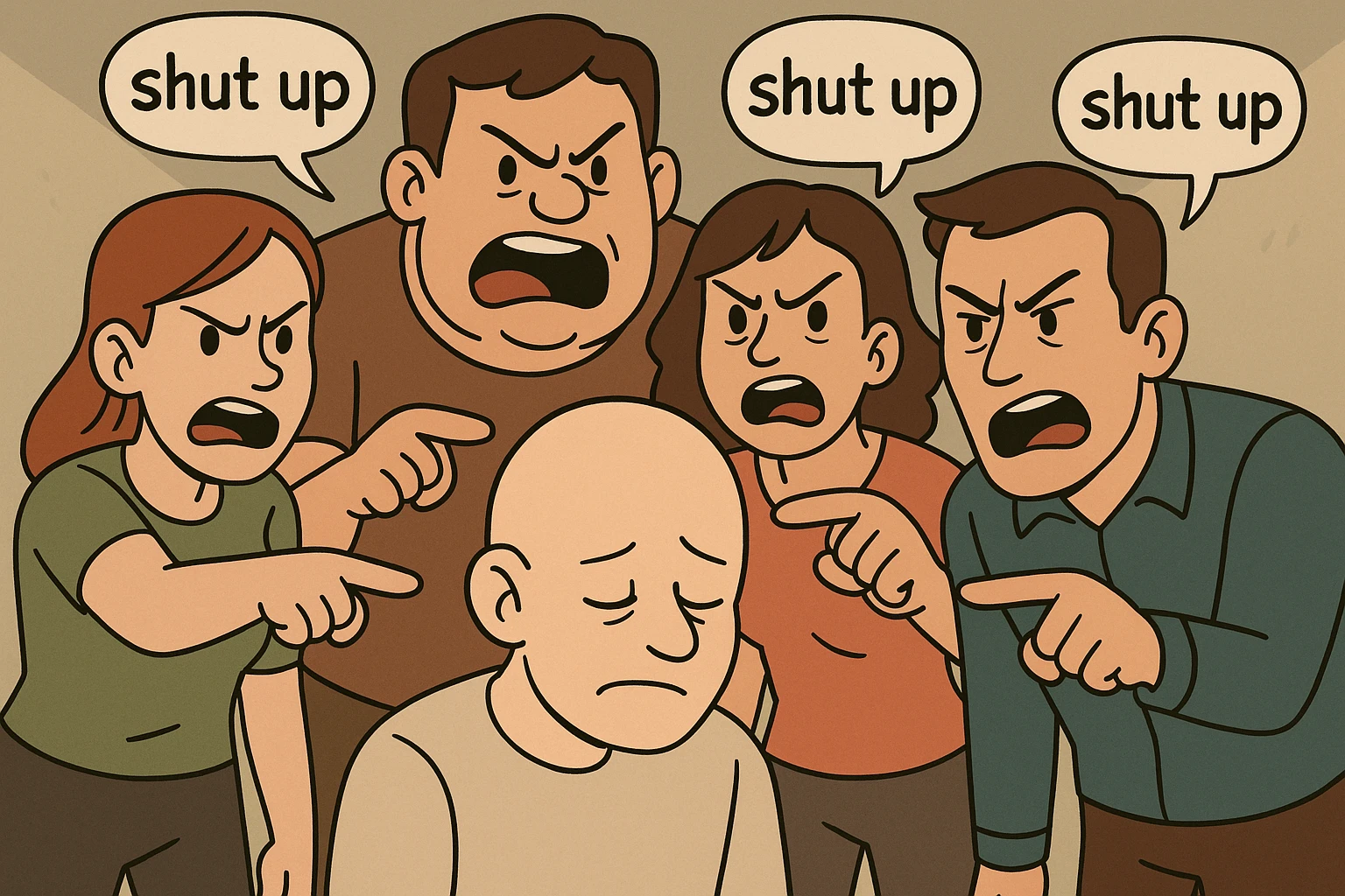 a group of animated figures scolding a bald man, flat toon style, clear facial expressions, speech bubbles with 'shut up', minimal background emoji