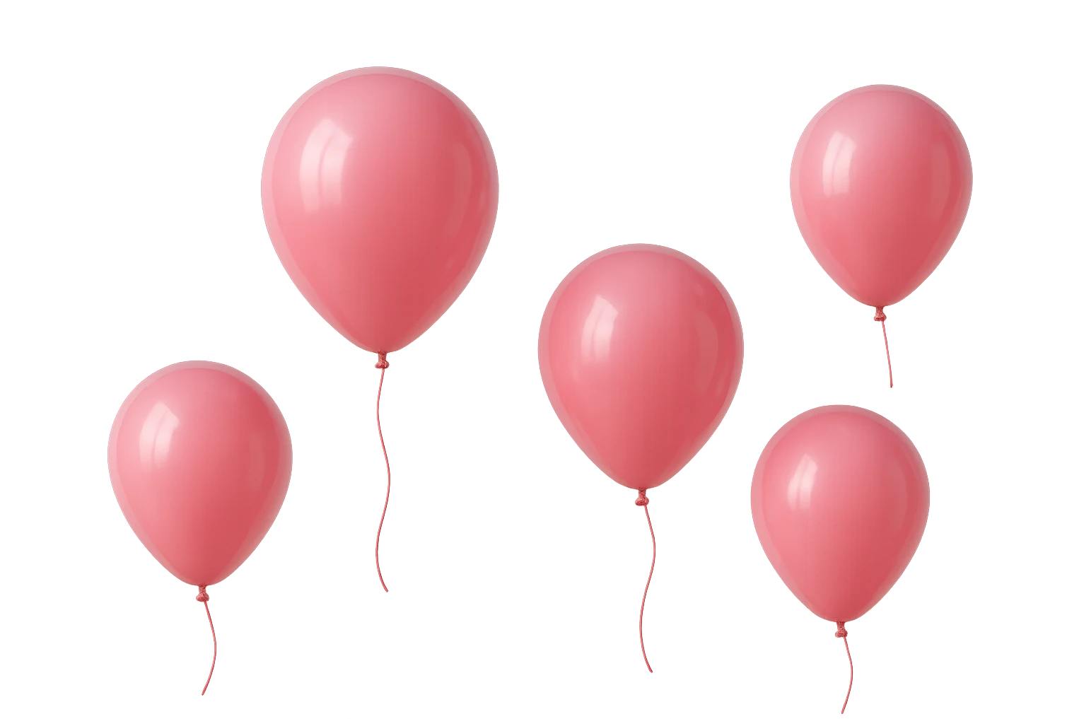 5 palloncini rosa fluttuano in aria isolati su sfondo bianco, iperrealistico 4k emoji