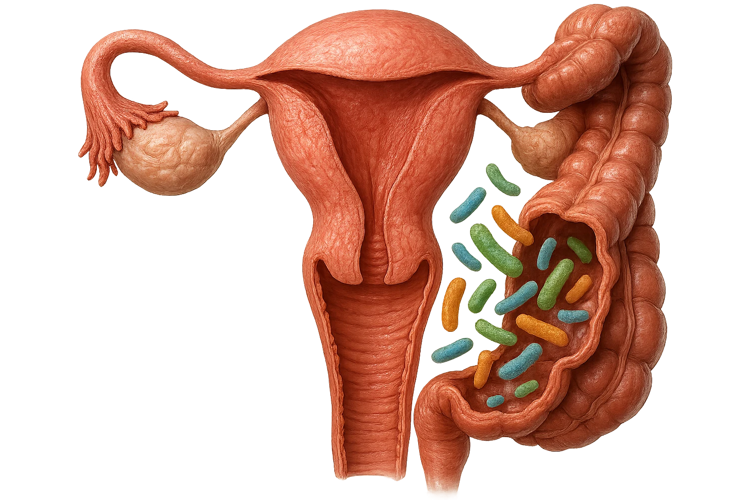 UTERO UMANO E INTESTINO ANATOMICI REALISTICO CON BATTERI CHE ESCONO DALL'INTERNO, IPERREALISTICO 4K emoji