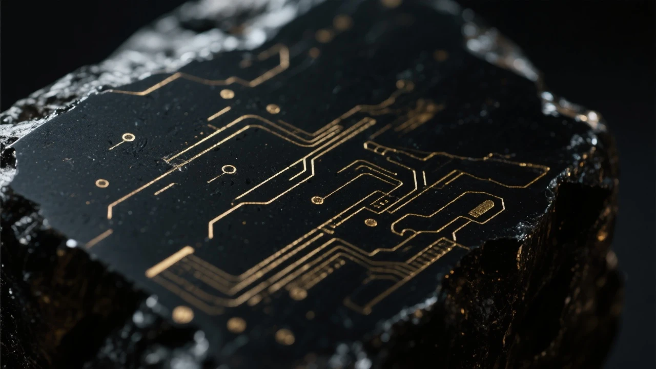 Extreme closeup of black obsidian surface with subtle gold technology etchings in moody, dark lighting. emoji