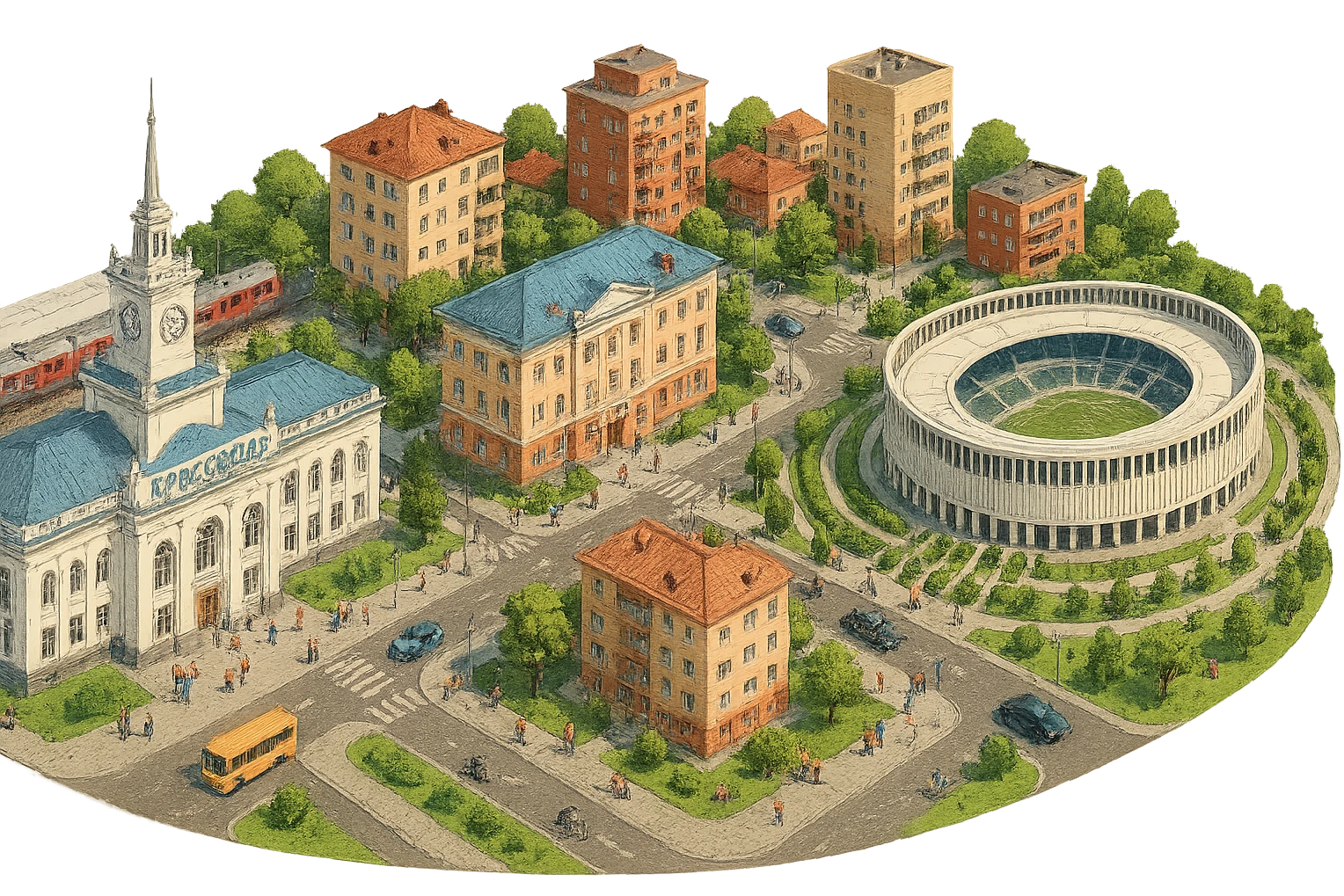 Изометричная миниатюрная фотореалистичная 3D модель панорамы Краснодара - вокзал Краснодар, КубГМУ, парк Краснодар со стадионом, краснодарские дома, автотранспорт четкие линии, яркие цвета, мультяшный реализм, люди, автотранспорт, компактная композиция, вид сверху в изометрии, прозрачный фон emoji