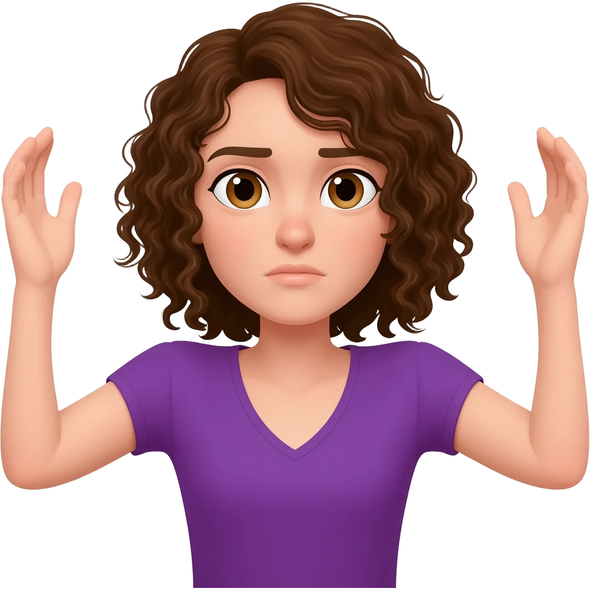 brown curly shoulder length hair, hair touching shoulders, hazel eyes, pail skin, purple v-neck shirt, arms up in an emoji shrug position. emoji