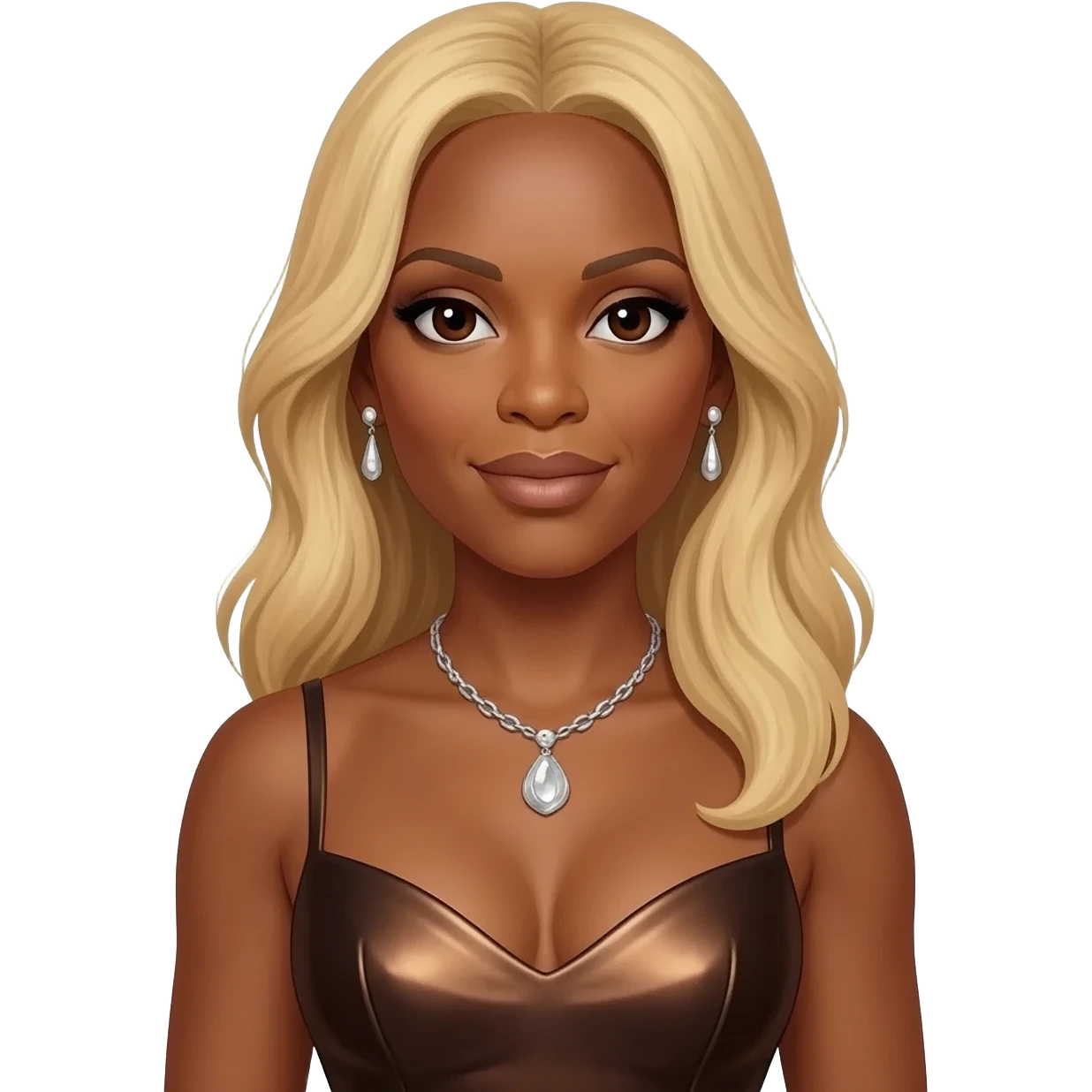 Mary J Blige with dark brown eyes, long blonde hair, dark brown metallic sweetheart dress, silver necklace and earrings emoji