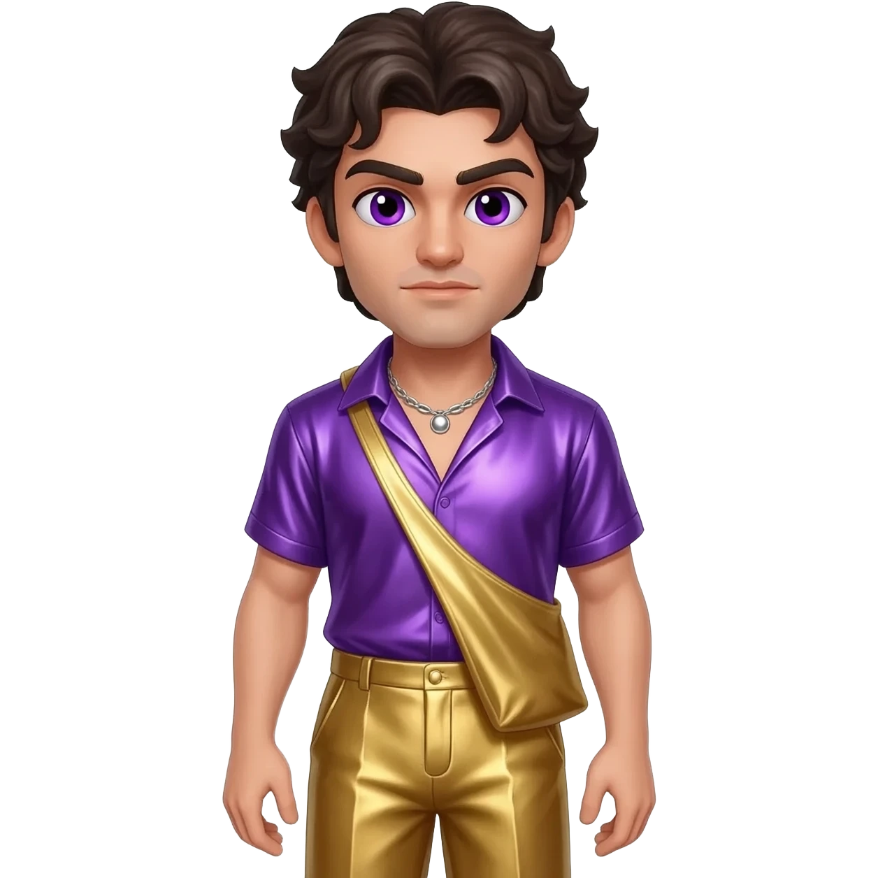 Dionysus from Greek Mythology with purple eyes, dark brown hair, purple metallic shirt, gold metallic baggy pants, silver necklace emoji