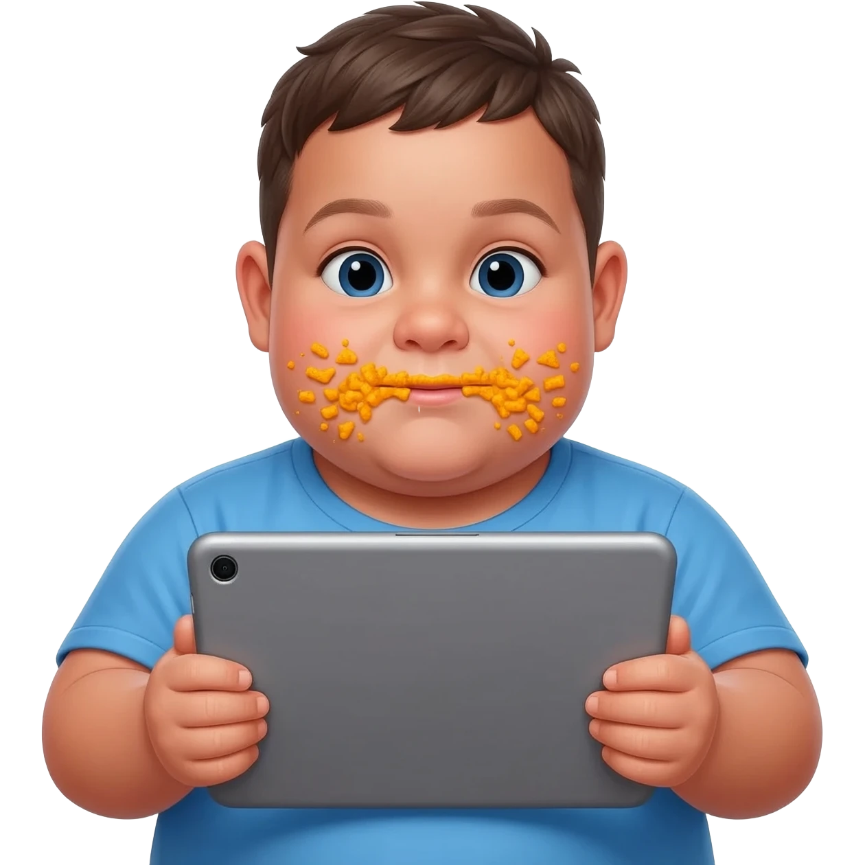 Fat American kid holding iPad with Cheeto dust around his mouth emoji