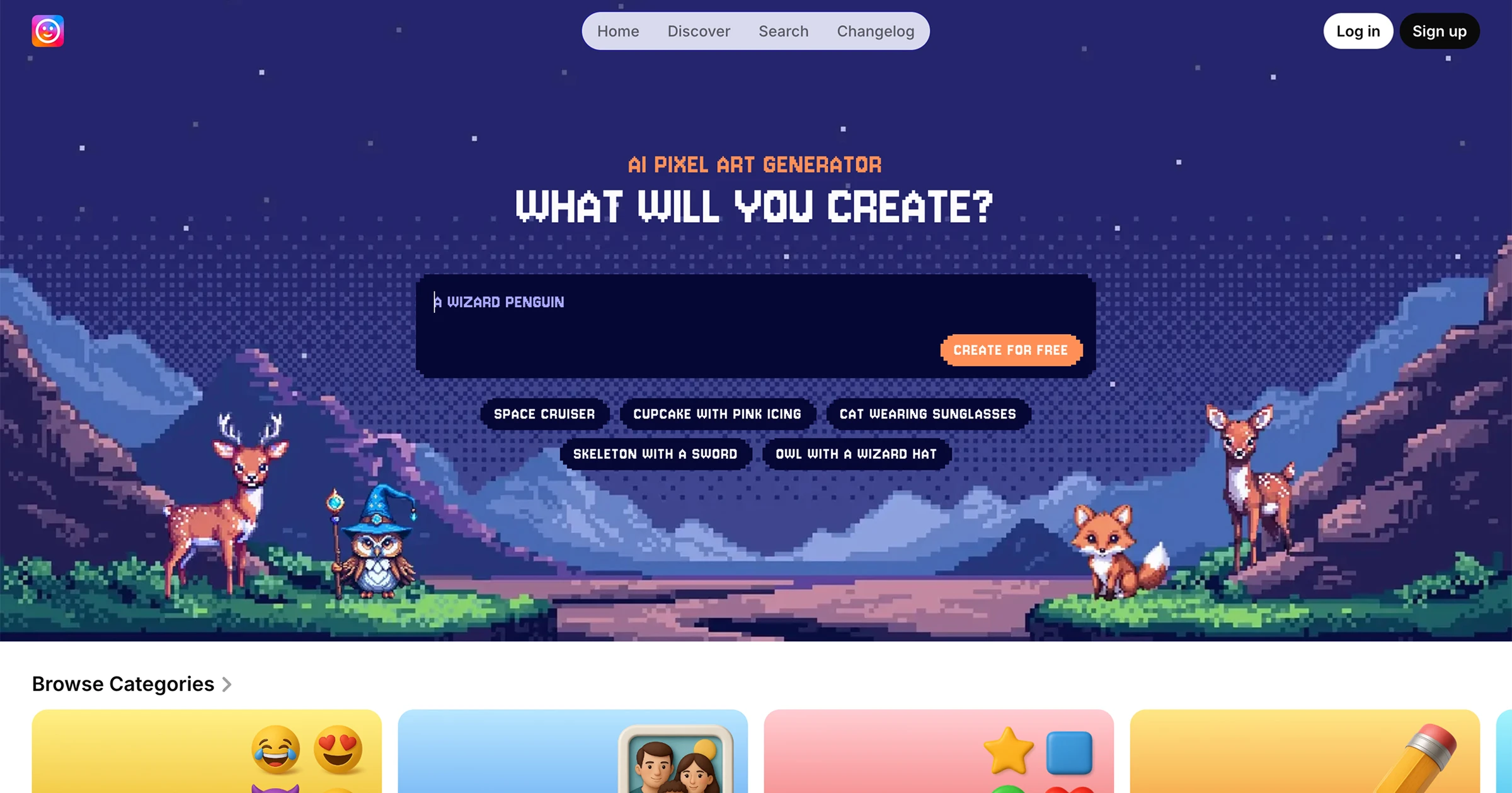 showcase of pixel art landing page