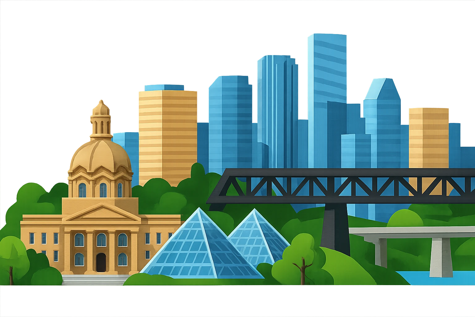 Remove any text or the name 'Edmonton' from the emoji image while keeping everything else exactly the same: the skyline with the Alberta Legislature Building, Muttart Conservatory, High Level Bridge, lifelike detail, accurate colors, bright lighting, wide city view. Maintain a fully transparent background. Preserve all other details and elements unchanged. emoji