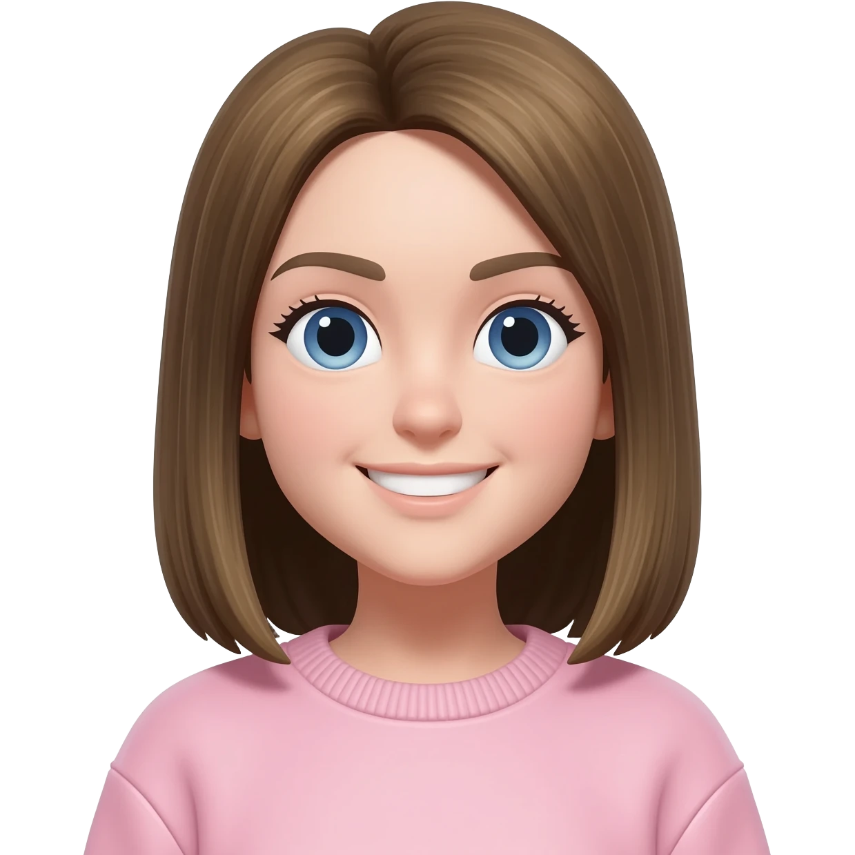 girl with dark blond hair, straight mid-length hair, with light blue eyes, wearing a pastel pink sweatshirt emoji