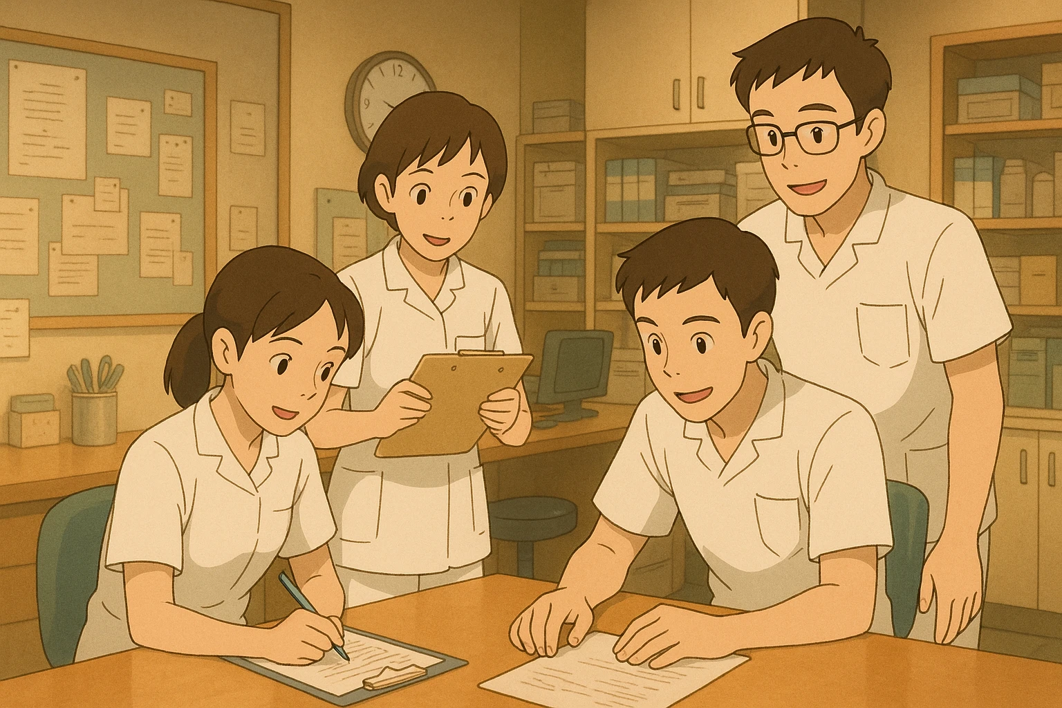 Collaboration scene of four nursing students inspired by photos, in a care station, Ghibli style. White medical tunics with V-neck, left chest pocket, short sleeves, no classic collar, no accessories, warm and professional atmosphere. emoji