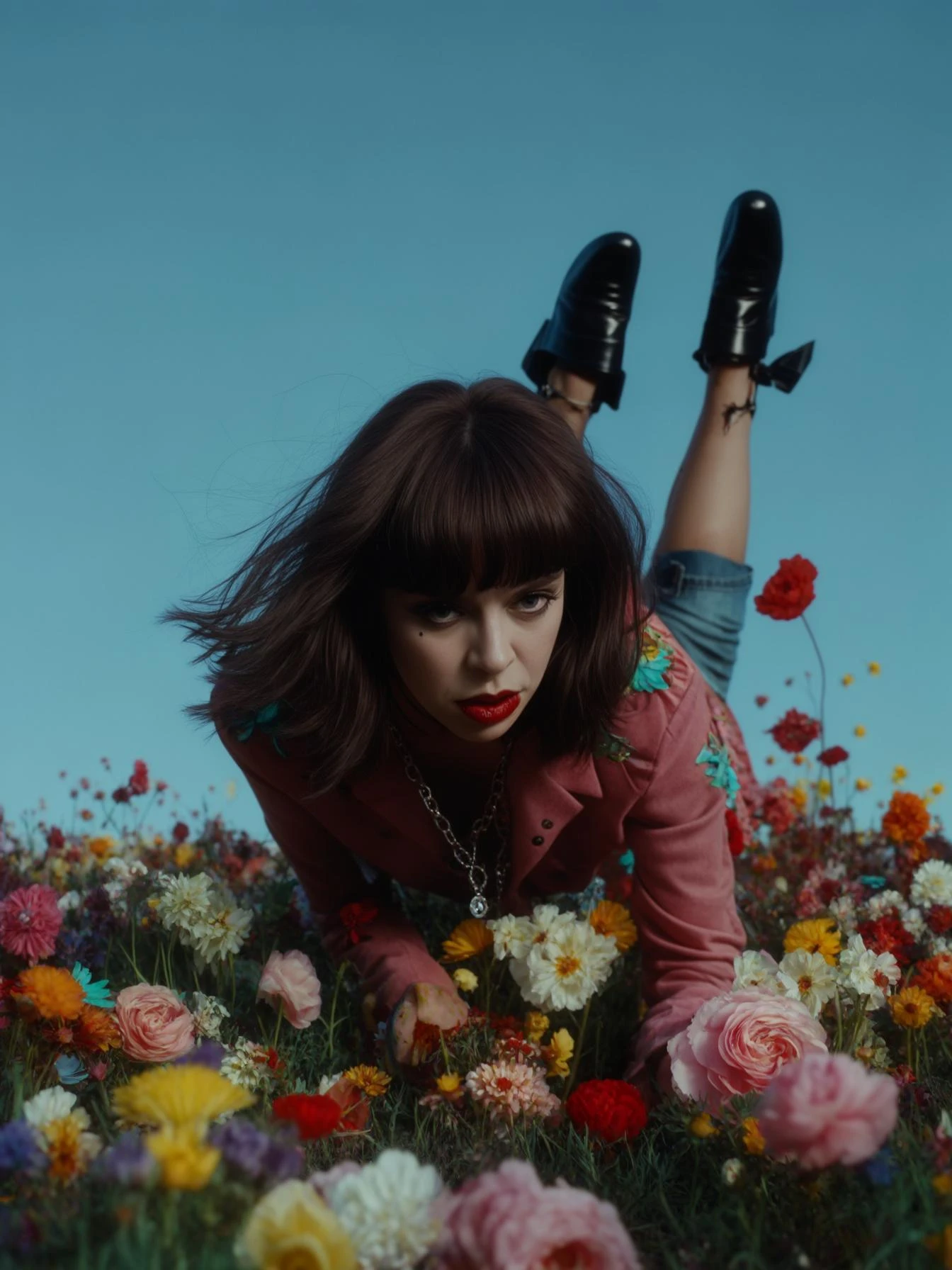 Closeup photo of a woman falling down (almost hit the ground) around colorfull flowers wearing alternative fashion, blue sky minimalistic background emoji