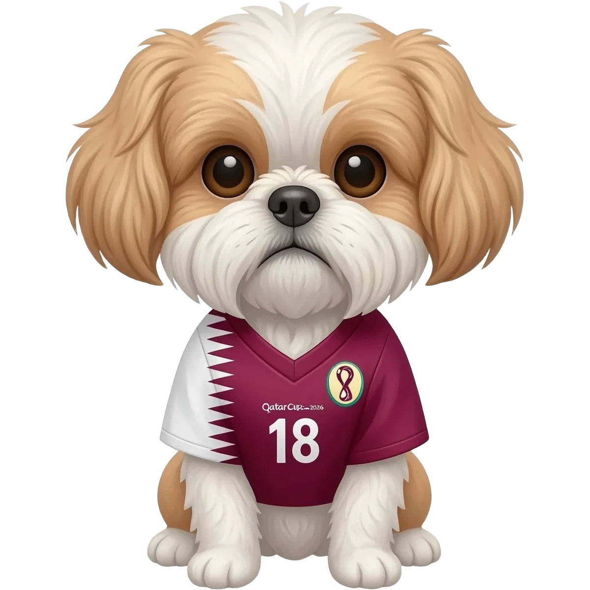 white and light brown shih zhu wearing a Qatar soccer jersey v neck 2026 work cup emoji