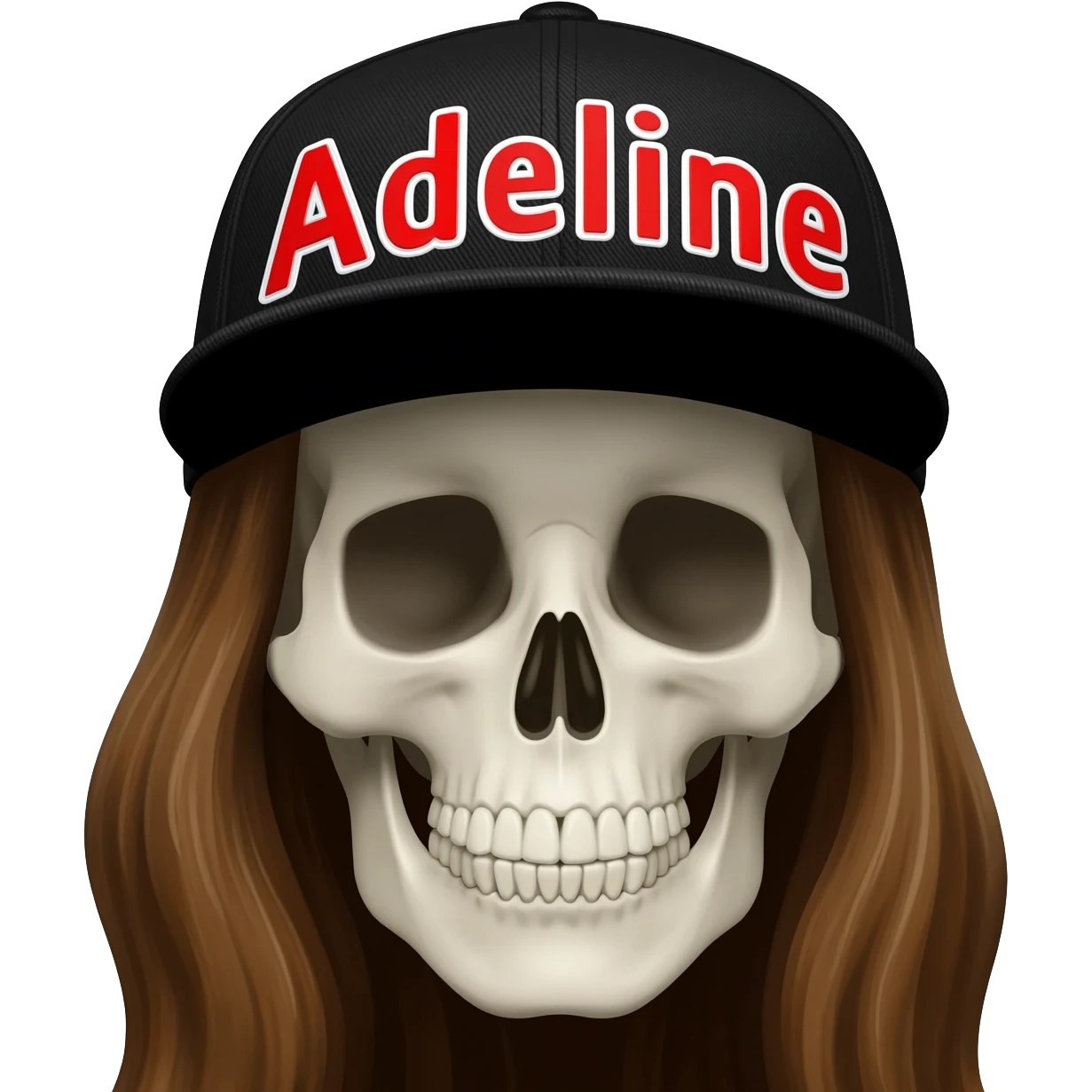 Create a skeleton head wearing a black baseball cap that says " Adeline " in red, and white lettering, with long brown hair emoji