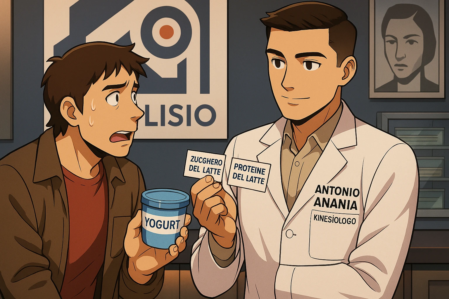 fai un webtoon manga a colori con questo stile, in cui un uomo ASCOLTA Il kinesiologo con il camice bianco (fagli anche la scritta "ANTONIO ANANIA" SUL CAMICE, IL KINESIOLOGO SPIEGA ALL'UOMO UNA COSA TENENDO DUE FOGLIETTINI IN MANO, UNO CON LA SCRITTA "ZUCCHERO DEL LATTE" E UNA CON LA SCRITTA "PROTEINE DEL LATTE". L'UOMO OSSERVA LO YOGURT CHE HA IN MANO CON ESPRESSIONE DUBBIOSA IN VOLTO. non fare i fumetti però, fai solo in modo che sembri stiano parlando emoji
