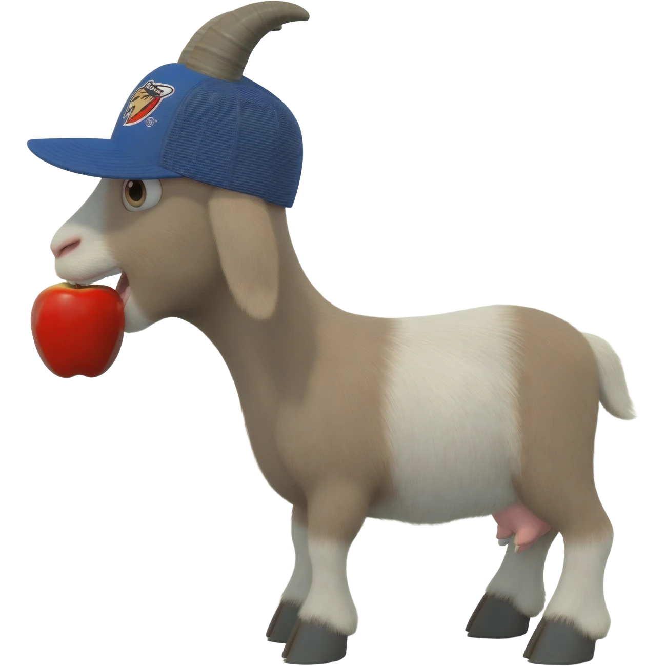A goat wearing trucker bobcat equipment hat eating an apple. emoji