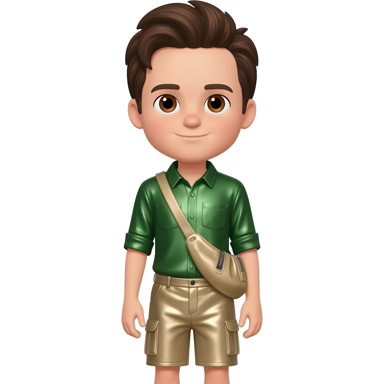 Chris Kratt with brown eyes, dark brown hair, green metallic shirt, beige metallic baggy shorts emoji