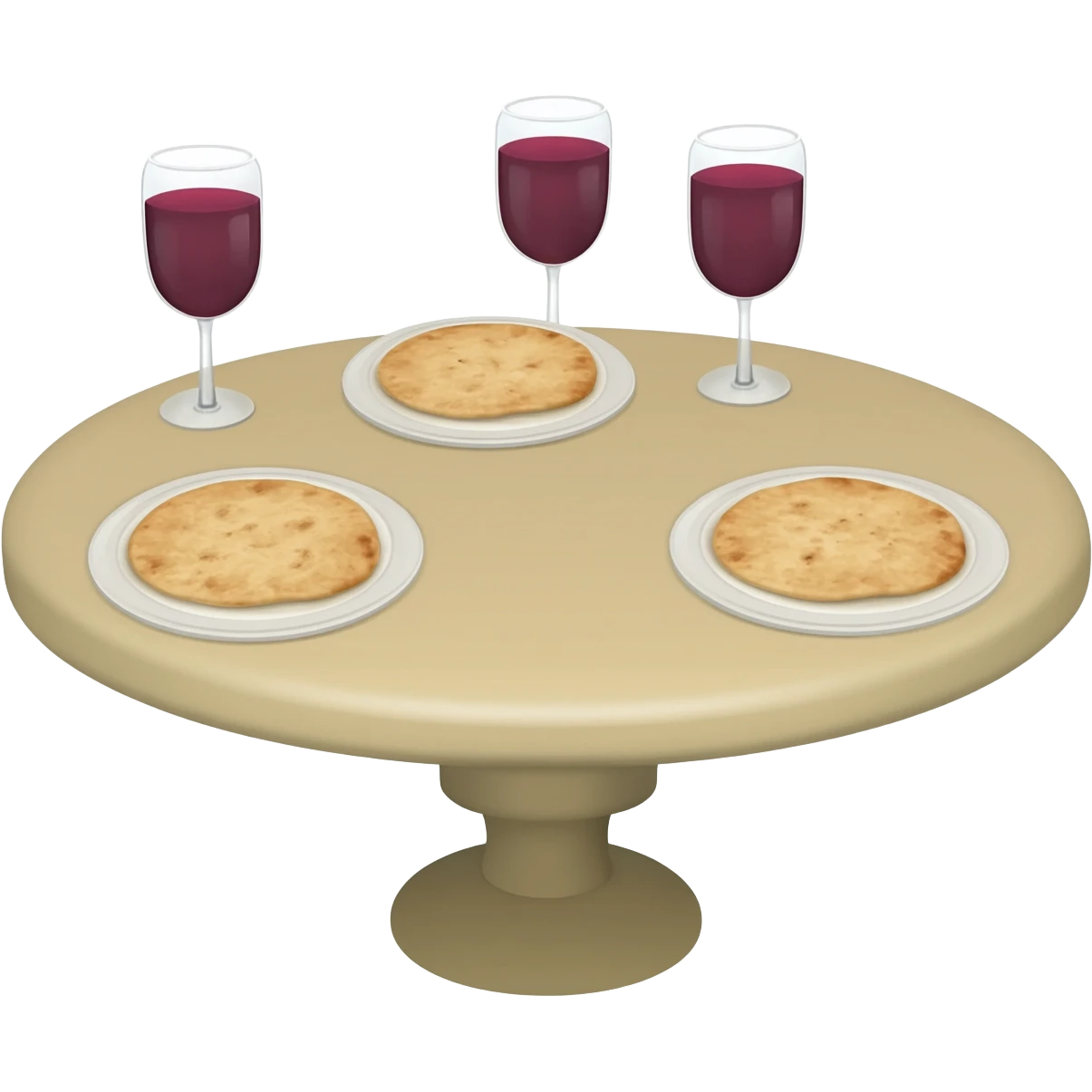 light color round table with 3 glass of wine and 3 plates of plain pita emoji