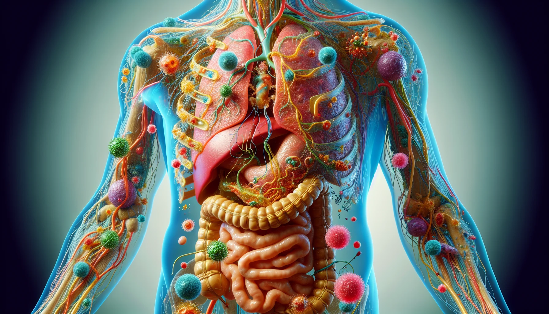corpo umano anatomico che accumula tossine e virus e malattie nel corpo , sfondo neutro chiaro, iperrealistico 4k emoji