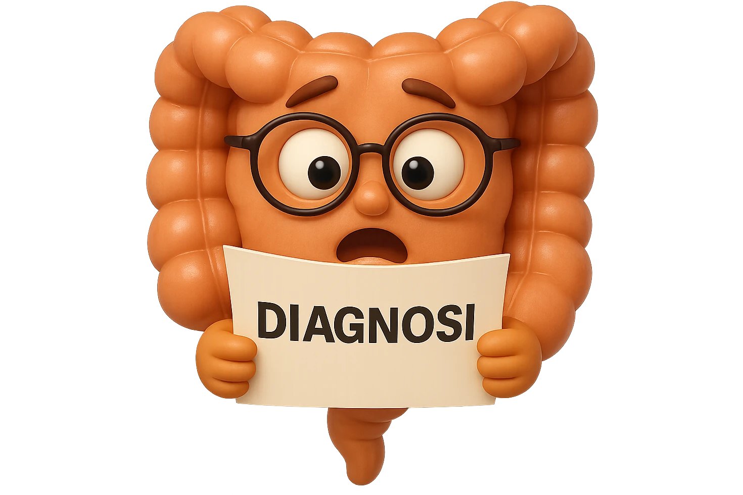 EMOJI STILE IPHONE DI UN INTESTINO CON GLI OCCHIALI CHE LEGGE UN FOGLIO CON LA SCRITTA DIAGNOSI, ESPRESSIONE STUPITA IN VOLTO, IPERREALISTICO 4K emoji