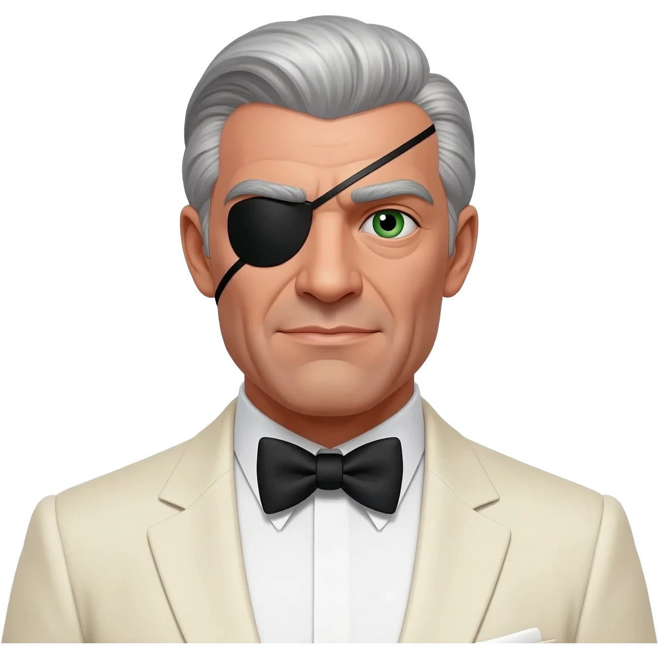 Emilio Largo from James Bond Series with green eyes, white hair, black eyepatch, ivory suit with bow tie emoji