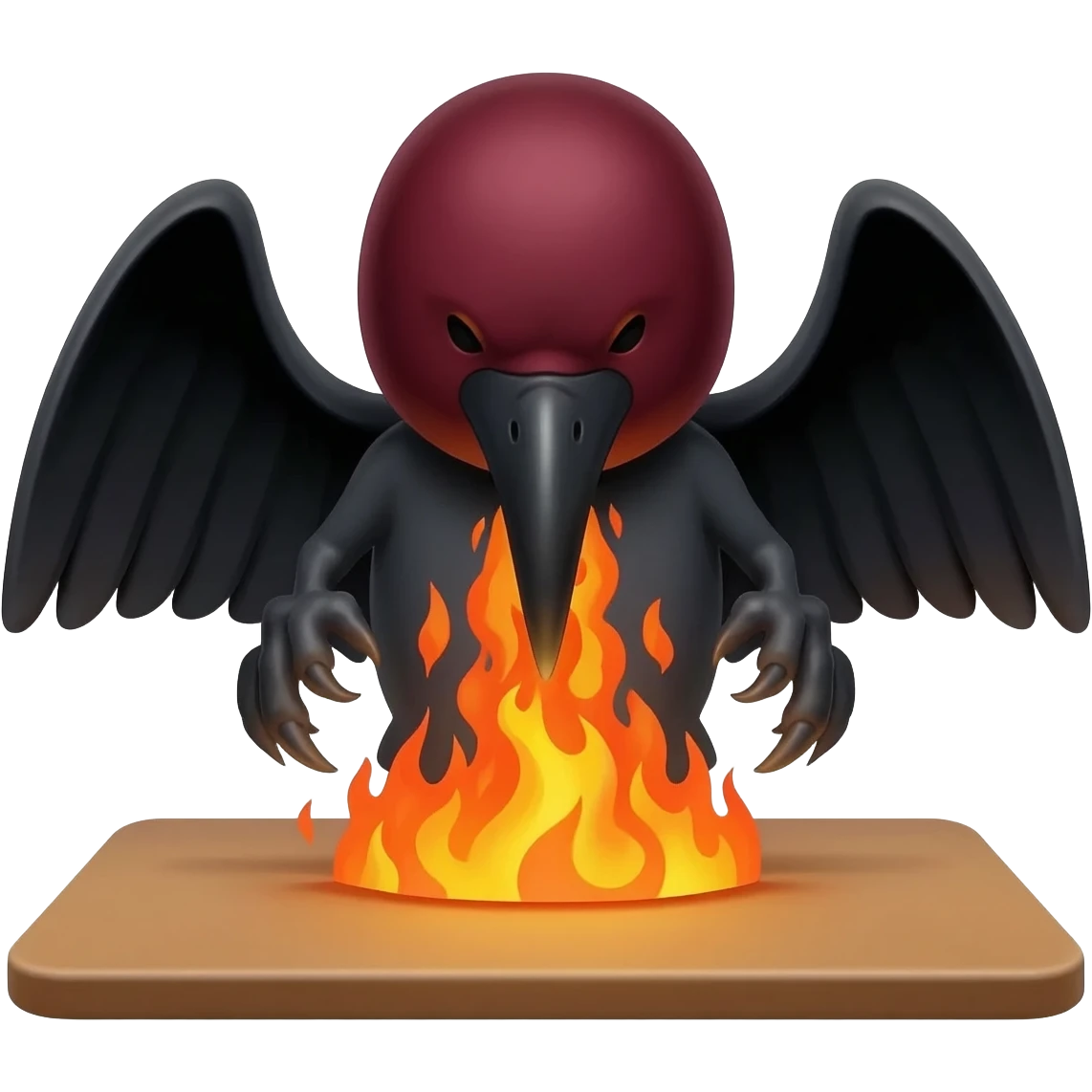 The raven’s entire head is flushed deep crimson, steam and fire roaring from its beak. One wing is slamming onto a table icon. emoji