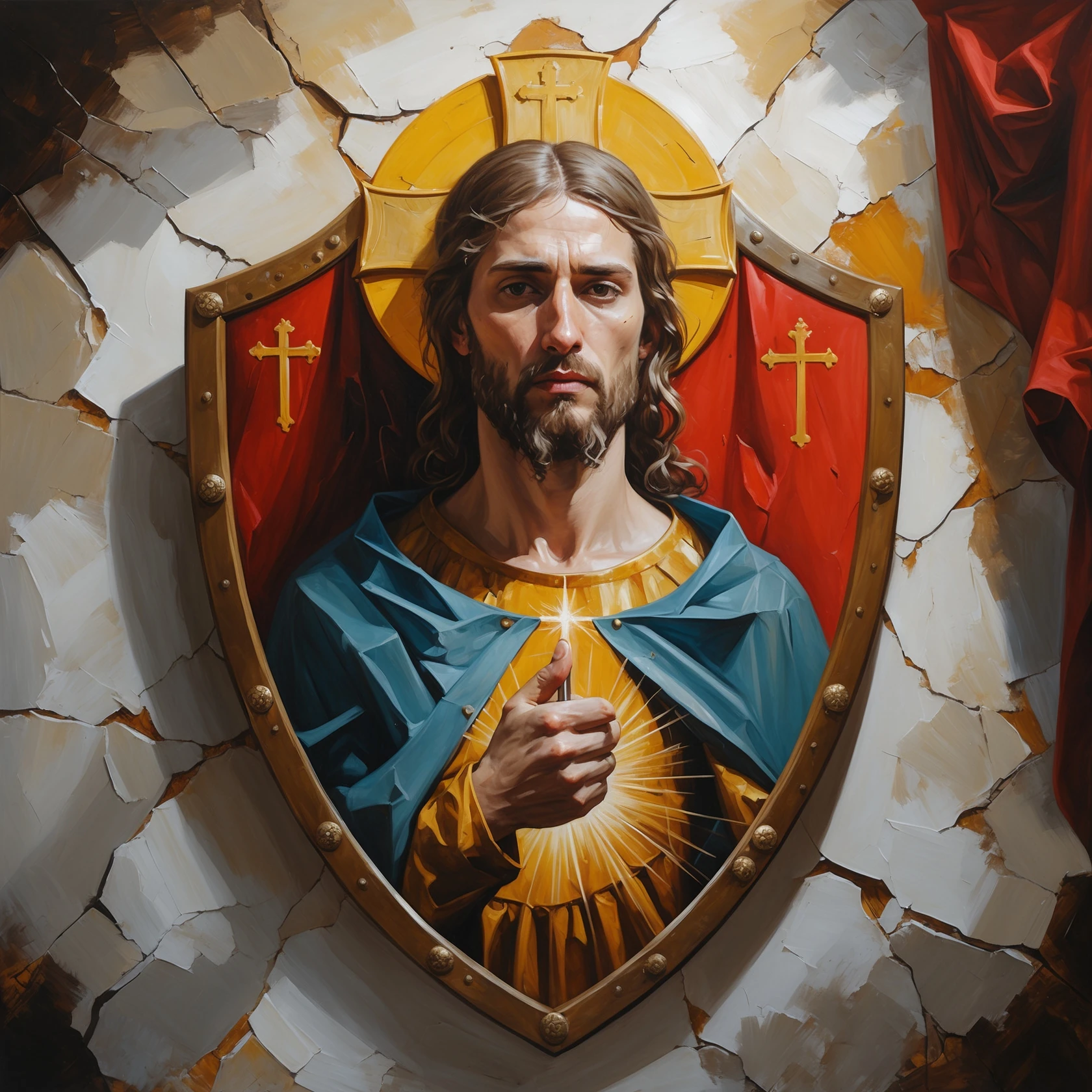 (img2img: strenght:=0.1) <ReferenceOnly-V3> inpaint religious theme onto the shield oil painting style flat image oil cracks countour
medieval shield art
 emoji