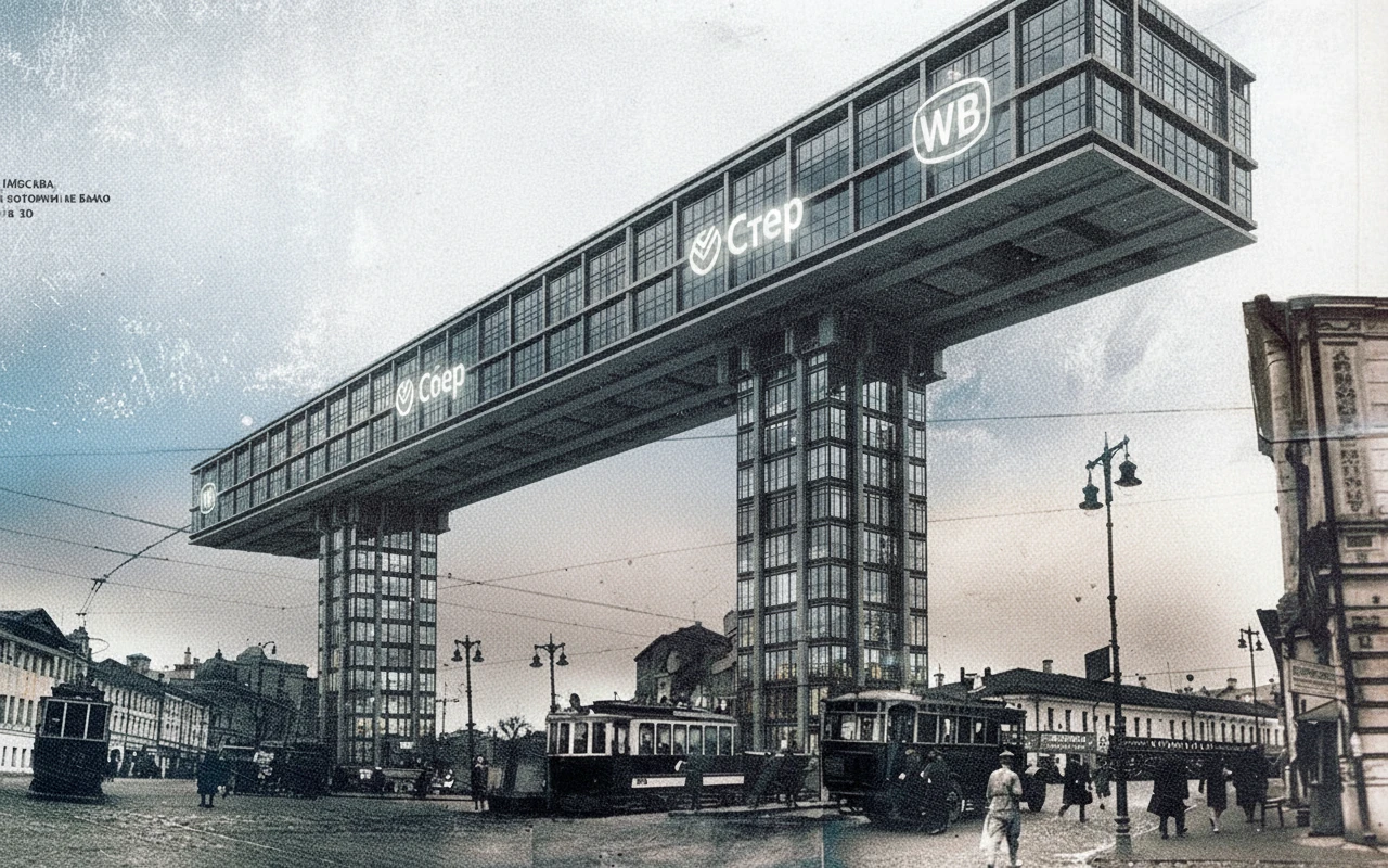 Стилизуй этот горизонтальный небоскреб под стиль Москва-Сити. Сделай его более конструктивистским, пусть он будет длиннее (сама верхняя горизонтальная часть). Добавь на нее логотипы Сбера, ВТ и WB

Прозрачный фон emoji