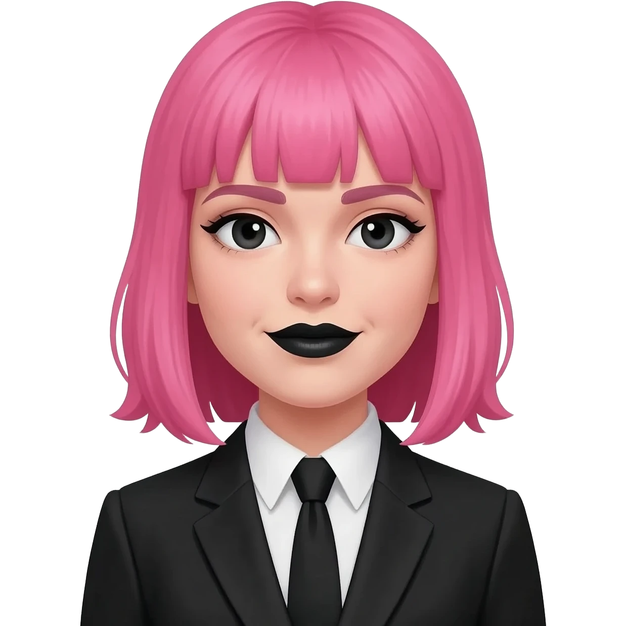 Girl pink hair and black eyes and black lips and black suit emoji