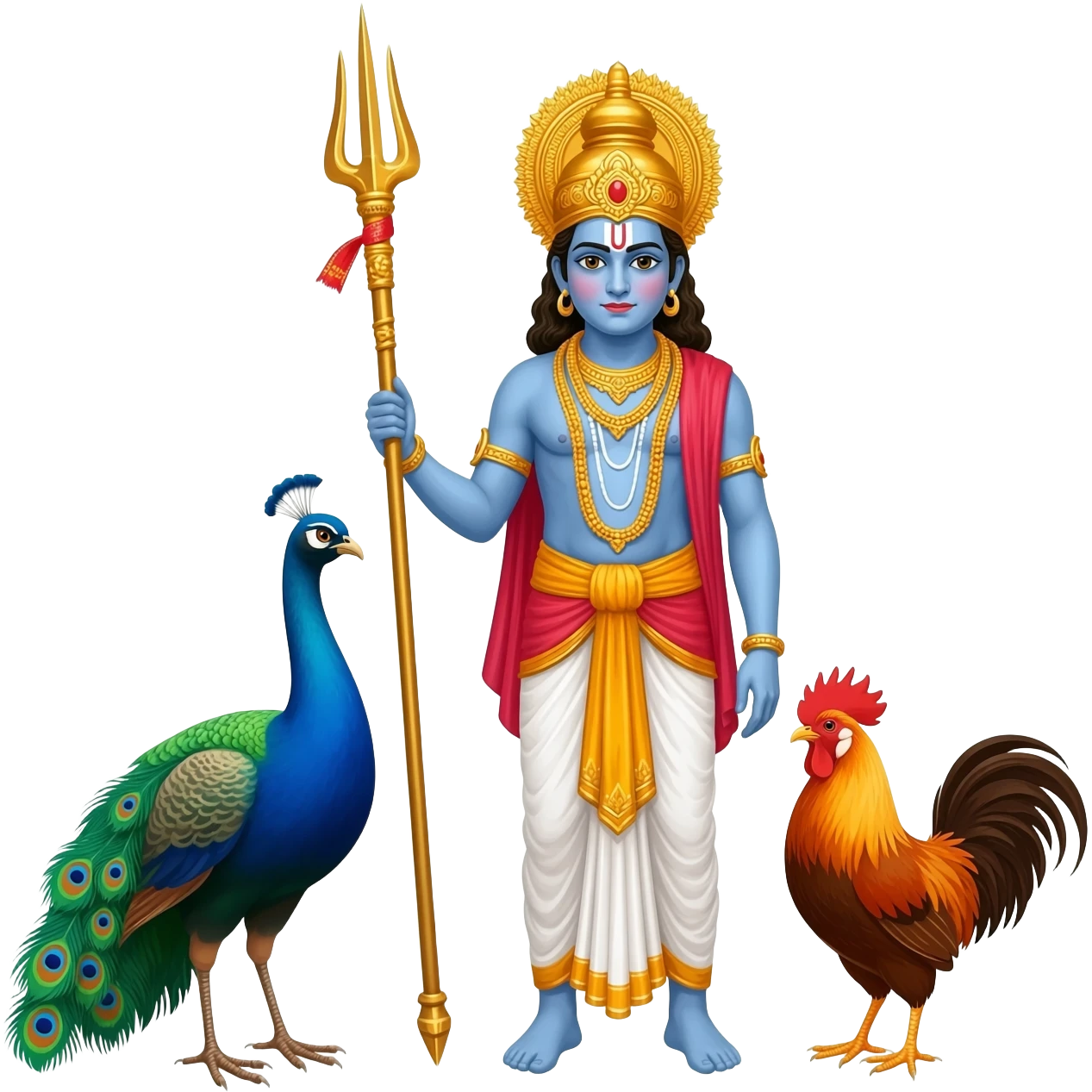 Lord muruga with vel and peacok and roosteryoung teen emoji