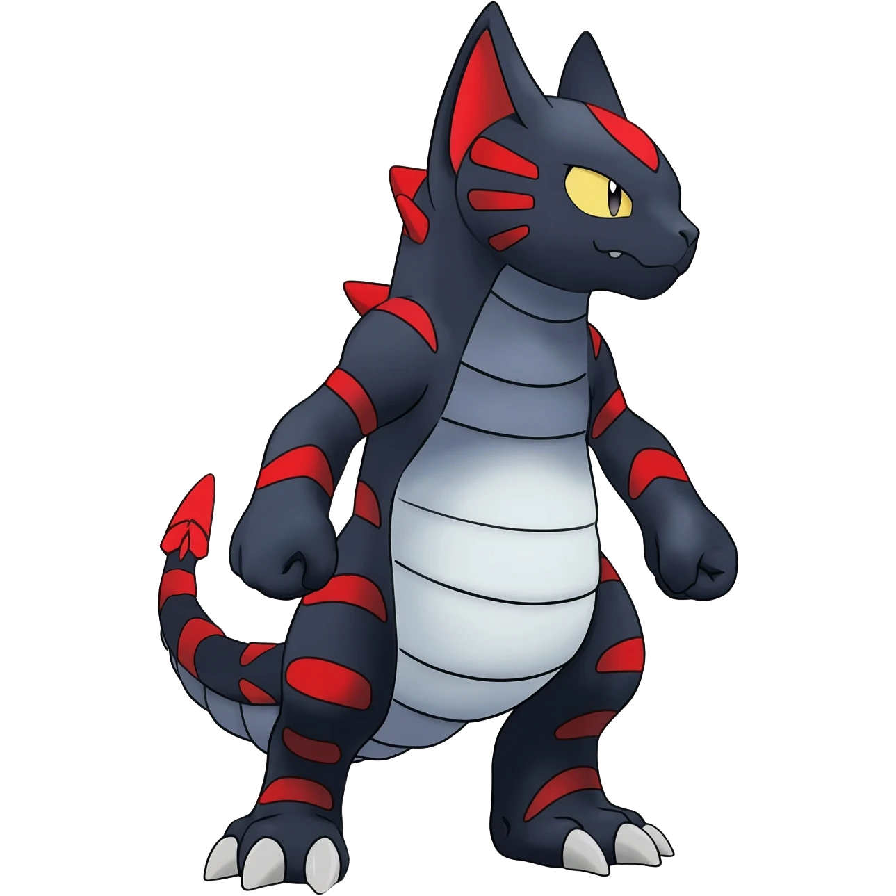 midnight blue-gray-black, with red markings, white belly, scaley Bastet-Noibat-Gatomon-Garchomp-Digimon-Fakémon-Pokémon-creature (full body) emoji
