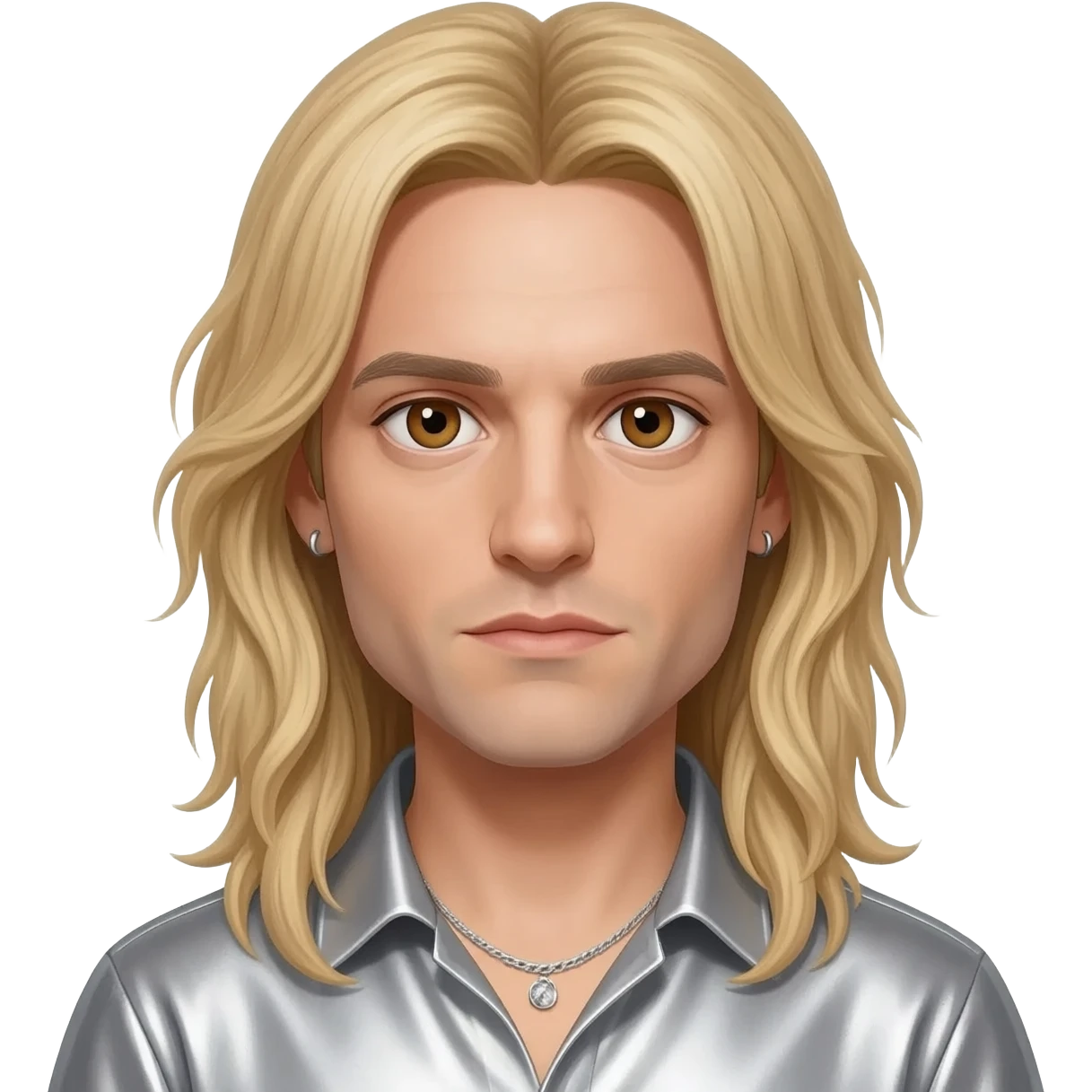 Bill Kaulitz with brown eyes, long blonde hair, silver metallic shirt, silver necklace and short earrings emoji