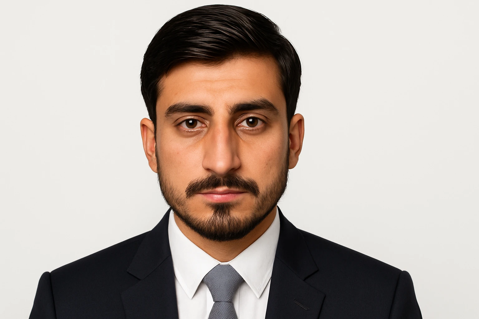 Create an ID photo with the person's original face exactly as in the reference image, no changes to facial features or expression. Add a business suit, plain white background, soft even lighting, head and shoulders only, centered composition, no accessories. Use a 16:9 aspect ratio. Maintain a realistic and professional style suitable for an ID photo. emoji
