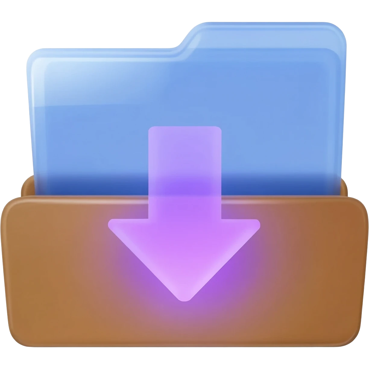 "A blue digital folder placed over a regular file folder, with a soft purple glow effect and an arrow indicating file upload and download." emoji