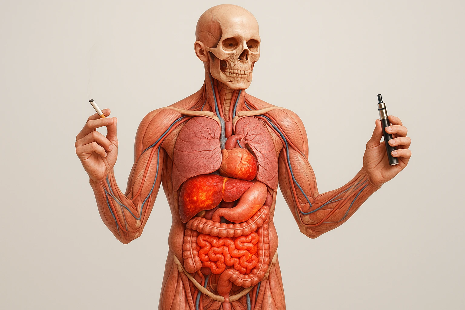 Medical illustration, hyperrealistic 4K, realistic anatomical human body, inflamed liver and intestine highlighted, holding a lit normal cigarette in the right hand and an electronic cigarette in the left hand, clear background, extremely detailed, same lighting and style as the provided reference image. emoji