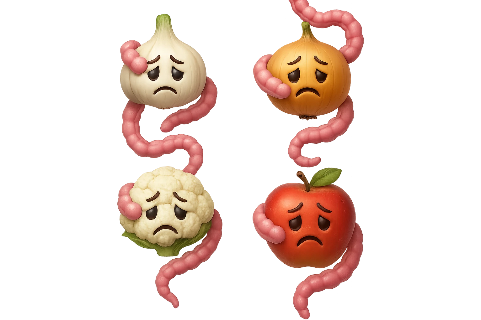 EMOJI STILE IPHONE DI aglio, cipolle, cavolfiore e mele che cadono verticalmente dall'alto con espressione triste con pezzi di colon avvolti intorno, IPERREALISTICO 4K emoji