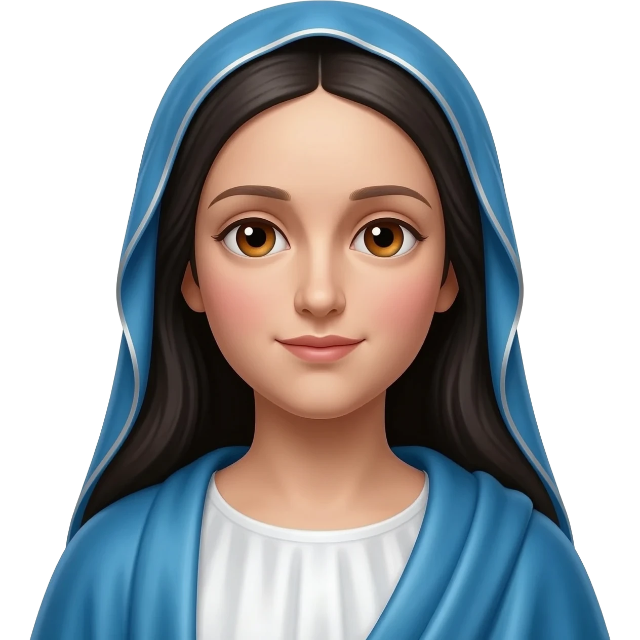 Mary, Mother of God from Christian Mythology with hazel eyes, long black hair, blue and white metallic toga emoji
