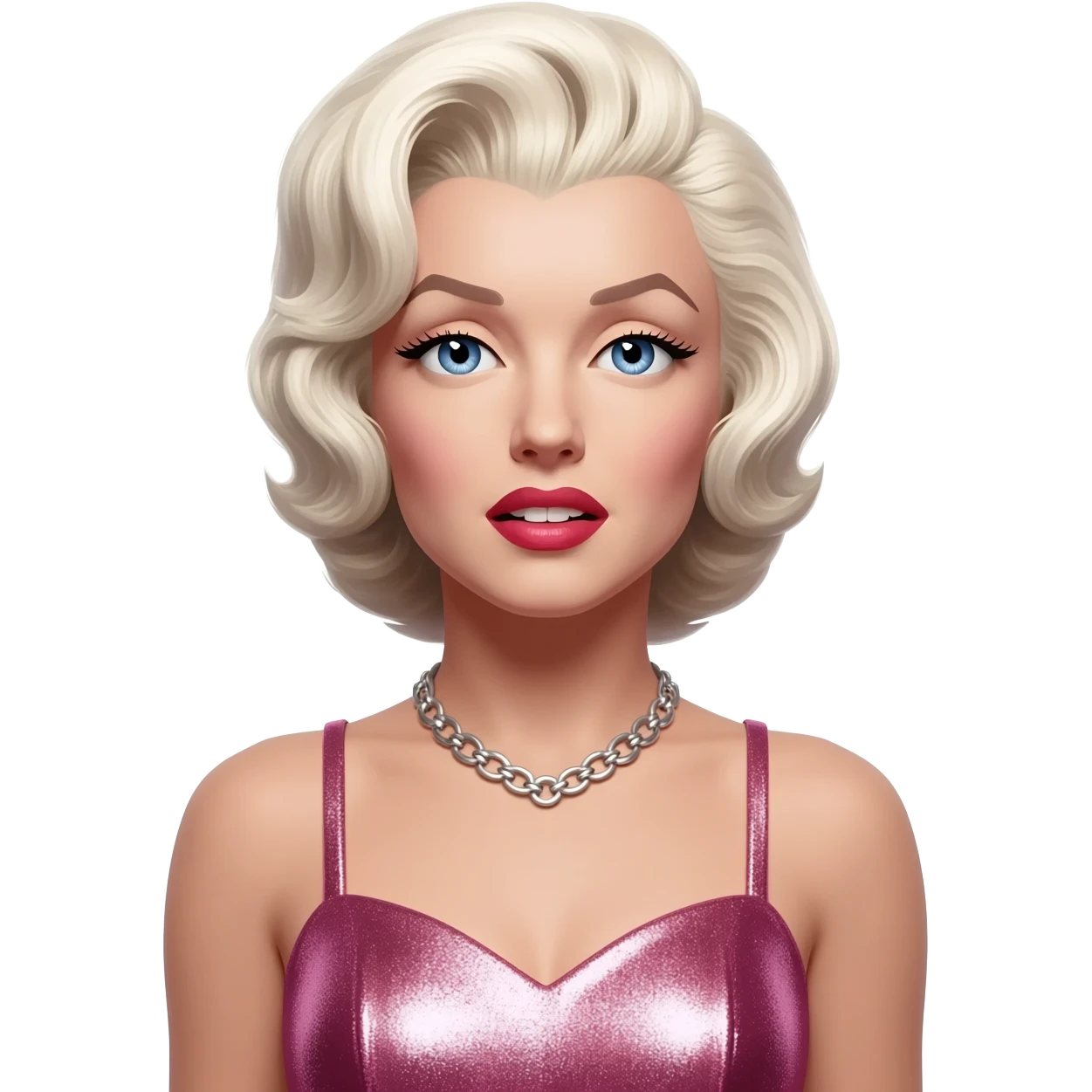 Marilyn Monroe with blue eyes, white blonde hair, pink metallic dress, silver necklace emoji