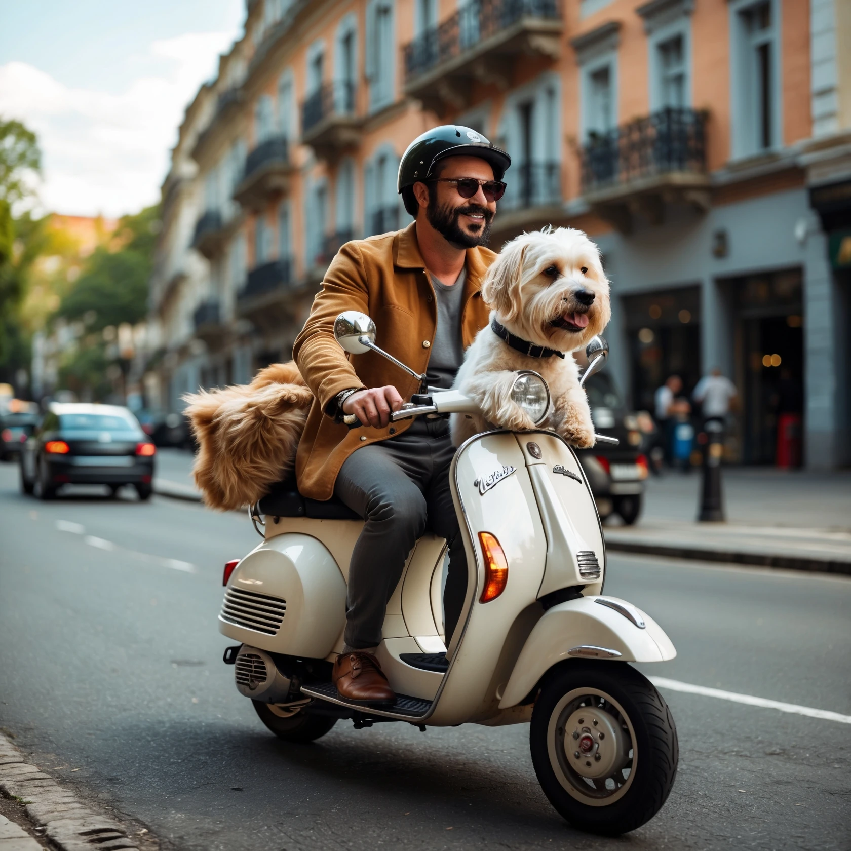 man and his pet dog riding a vespa emoji