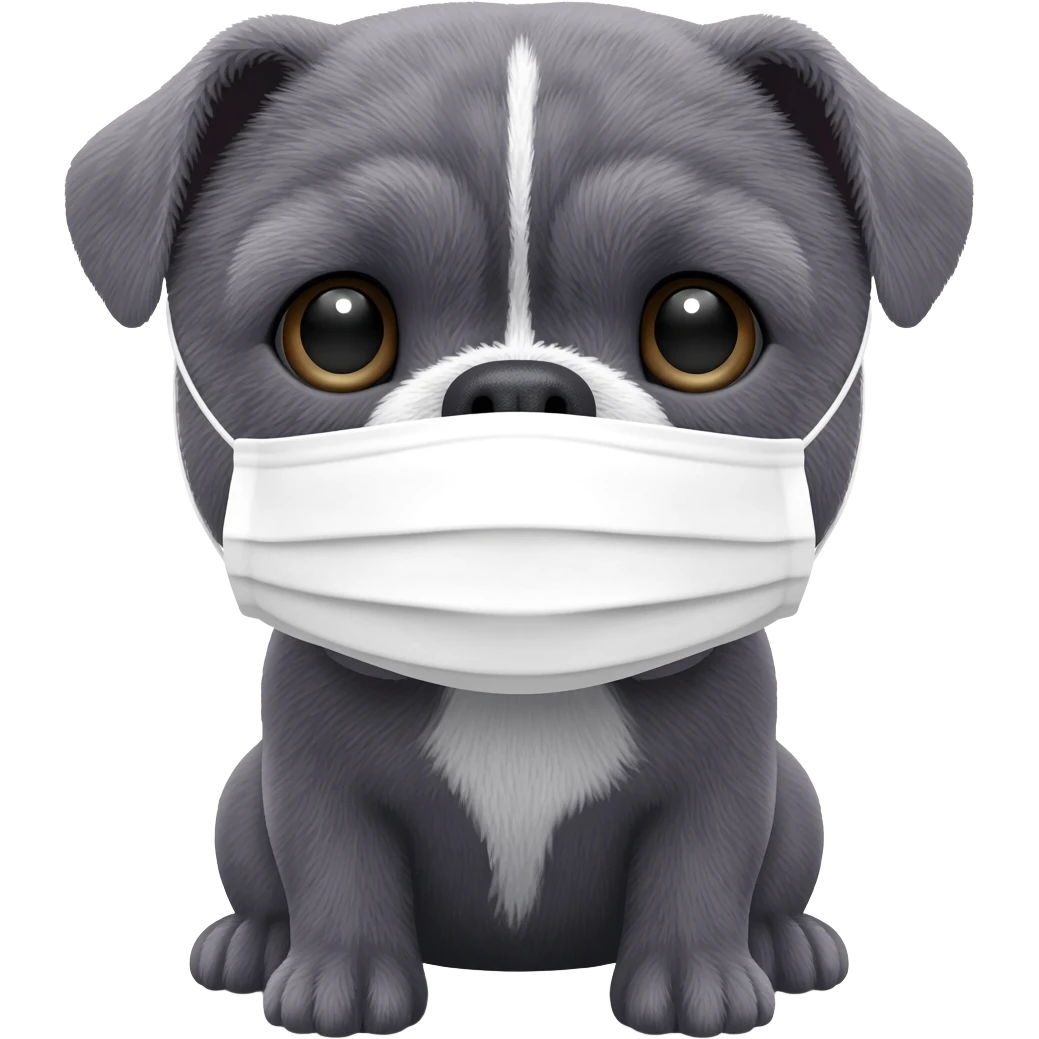 a Gray English bulldog sitting in his paws, he has a white color face mask emoji