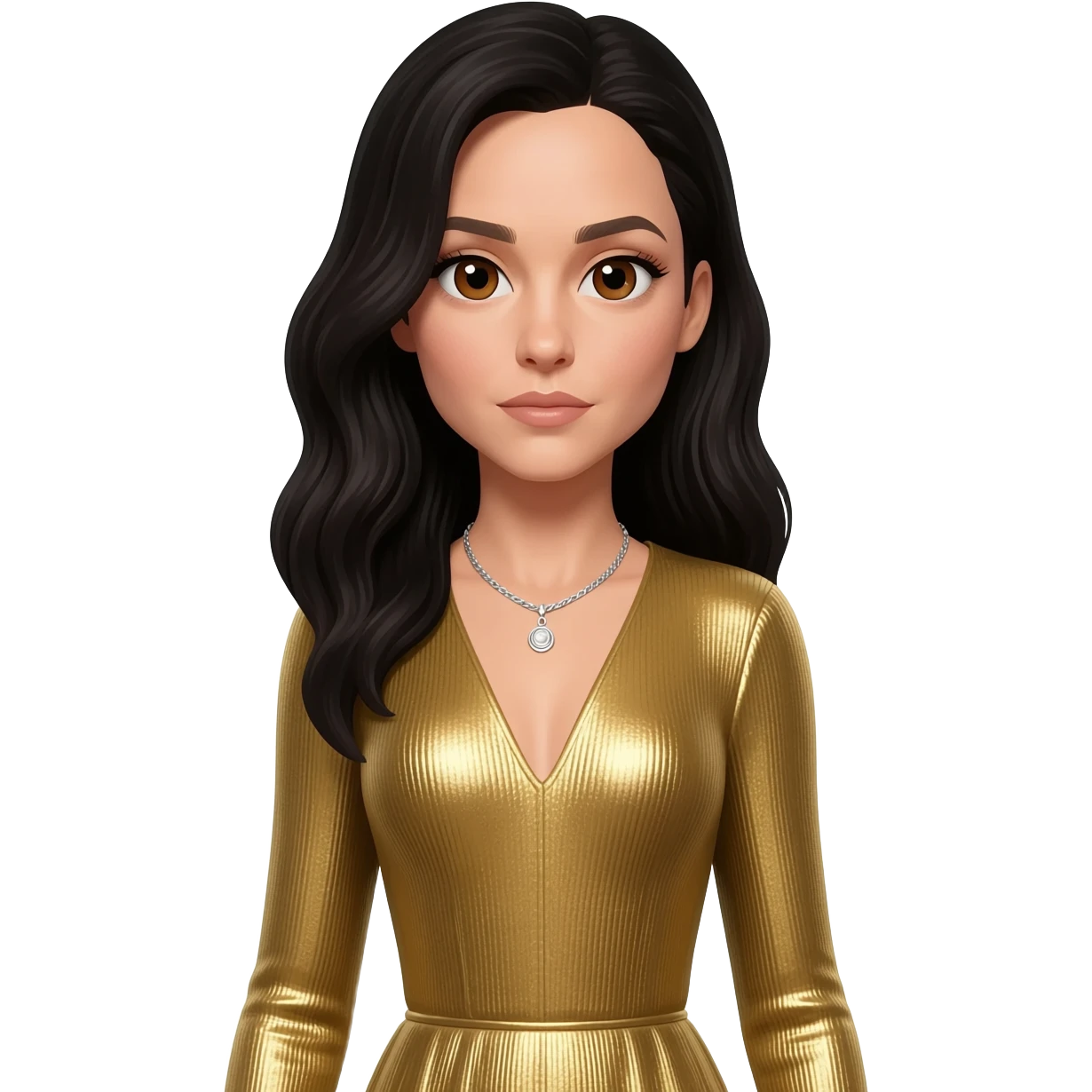 Gal Gadot with brown eyes, black long hair, gold metallic long sleeve dress, silver necklace emoji