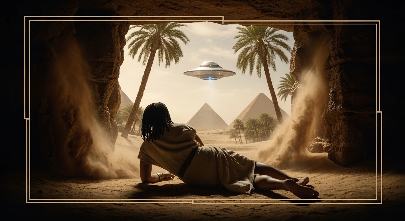 cinematic still, documentary photography, acient egypt, back shot of a man dress in ancient clothes in cave (frame in frame effect) on ground laying front of small ufo starship, sand flying around, palms, dynamic scane, leading lines, captured by arri alexa, depth layers, piramids in babckground emoji
