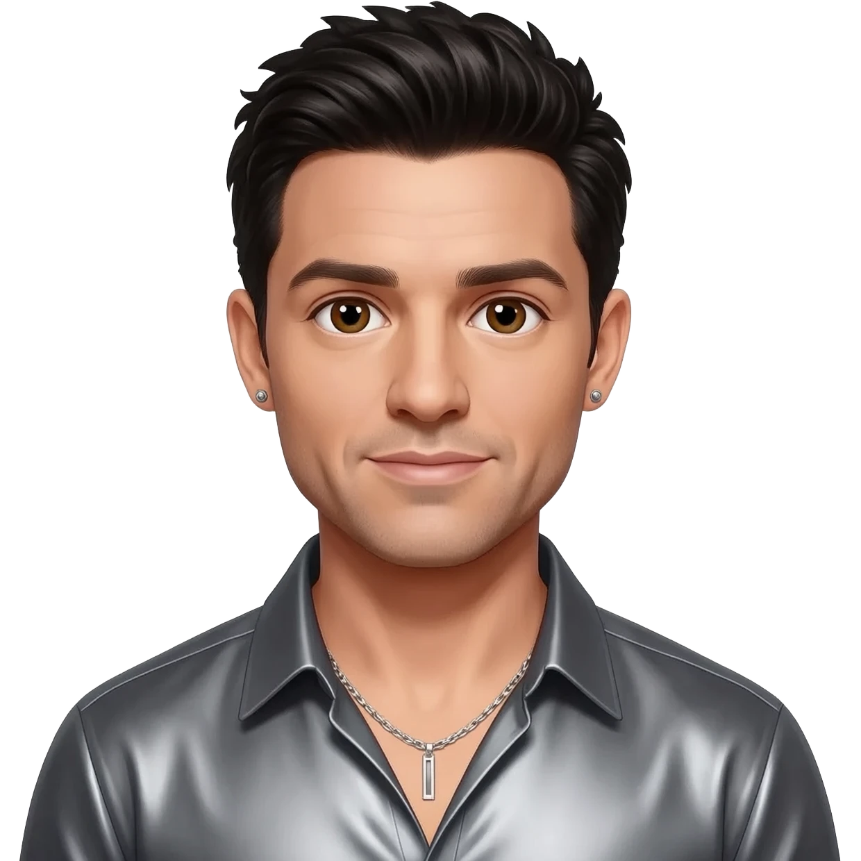Chris Kirkpatrick from N'Sync with brown eyes, black hair, charcoal grey metallic shirt, silver necklace and short earrings emoji