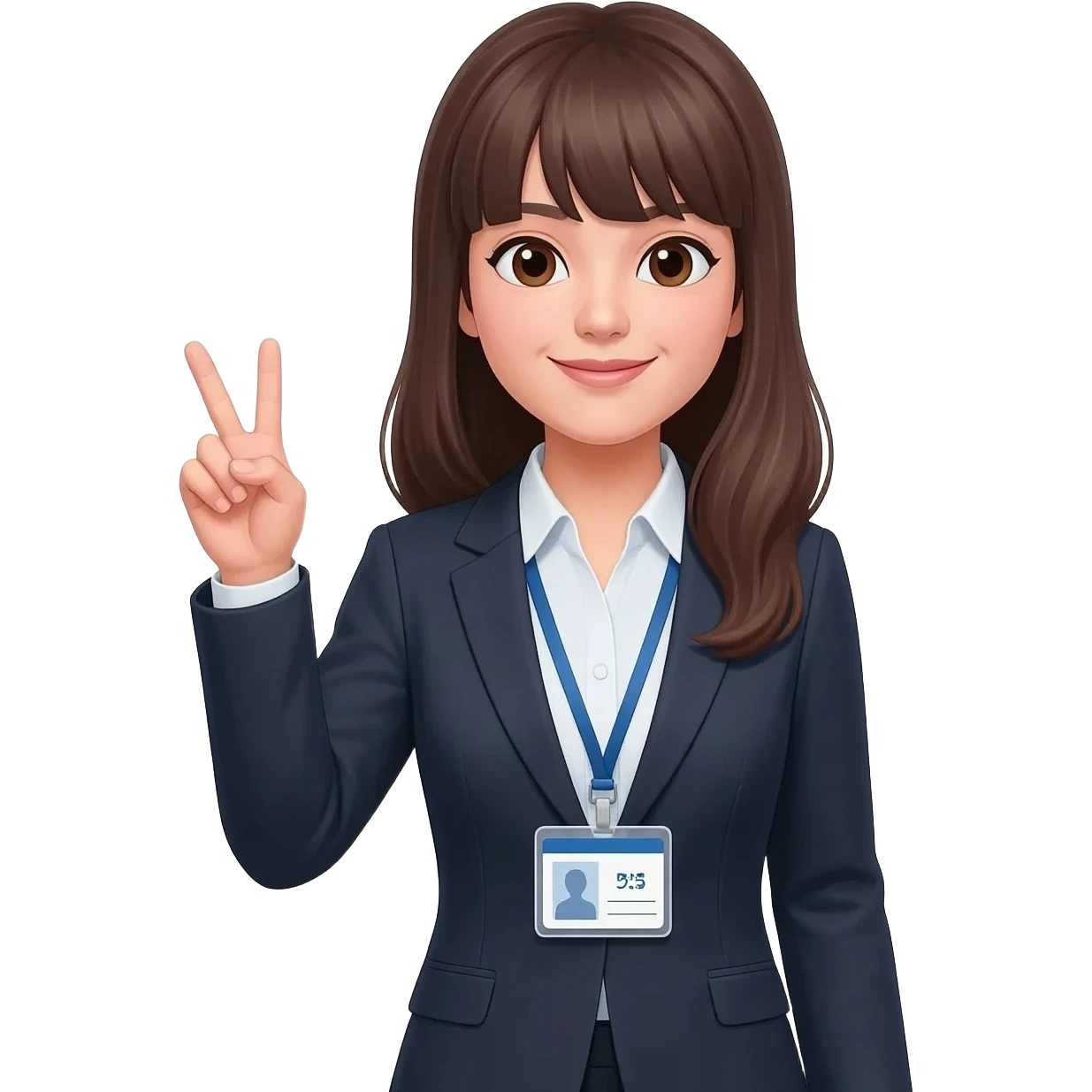 브이 하고 있는, 머리가 길고 앞머리 5:5 여자 회사원, 목에는 사원증을 걸고 있음 emoji